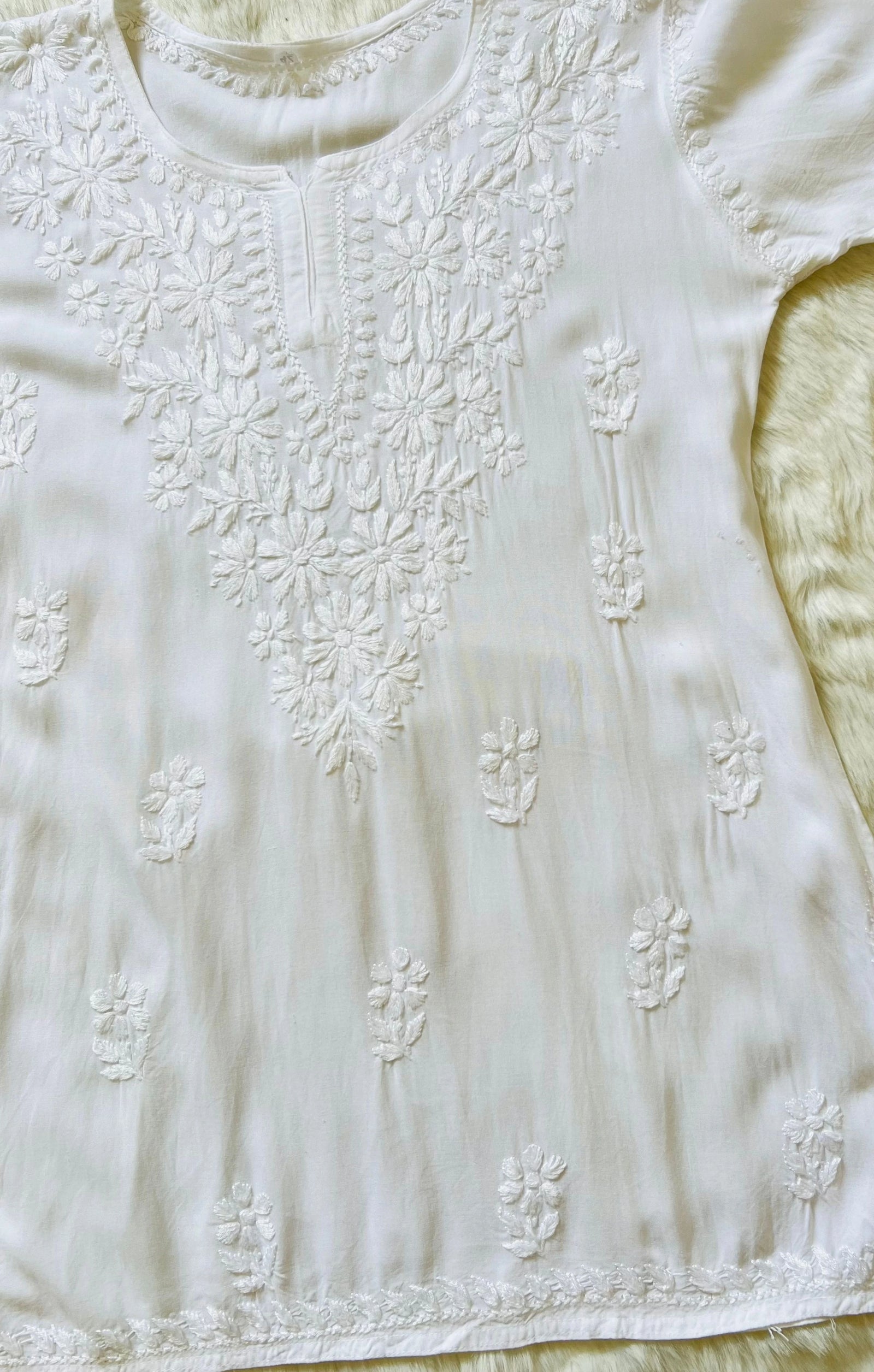 White Short Rayon Kurta with Self Chikankari