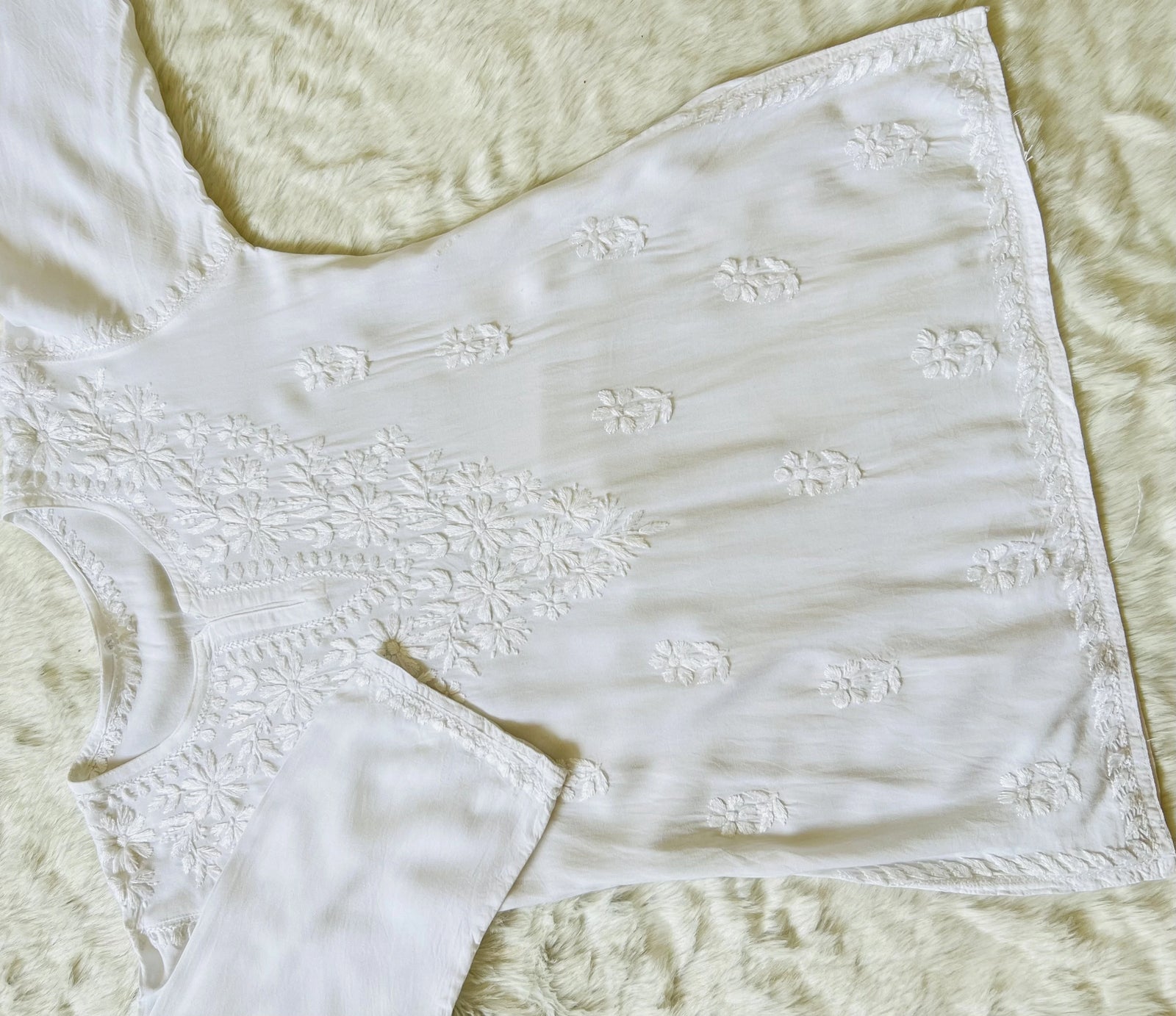White Short Rayon Kurta with Self Chikankari