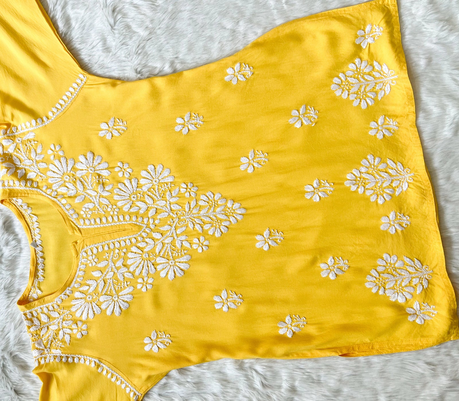 Yellow Short Rayon Kurta with White Chikankari