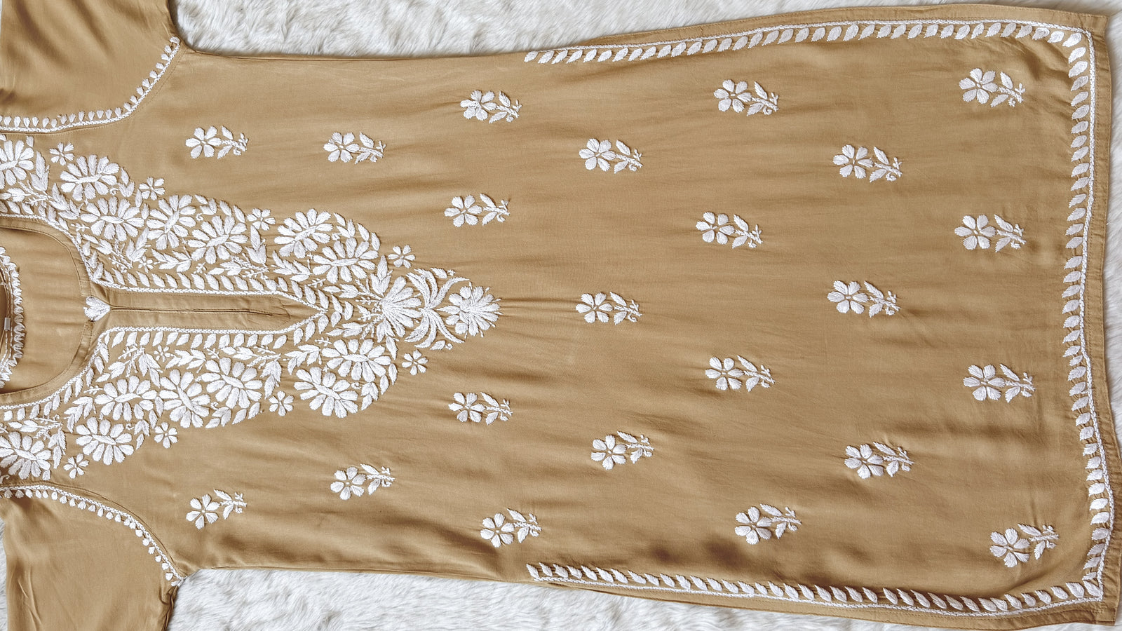 Zara Beige Long Rayon Kurta with White Chikankari