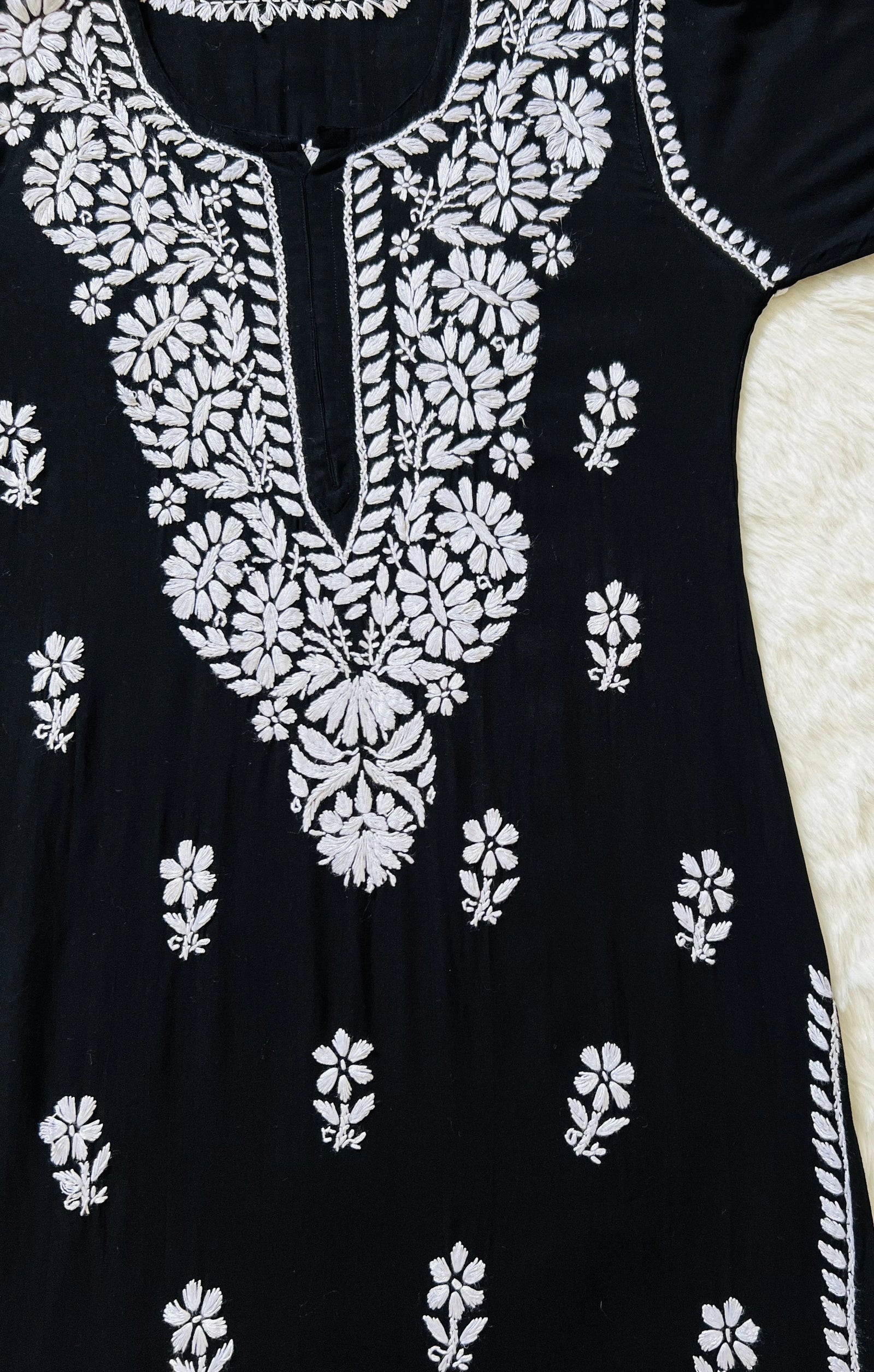 Zara Black Long Rayon Kurta with White Chikankari