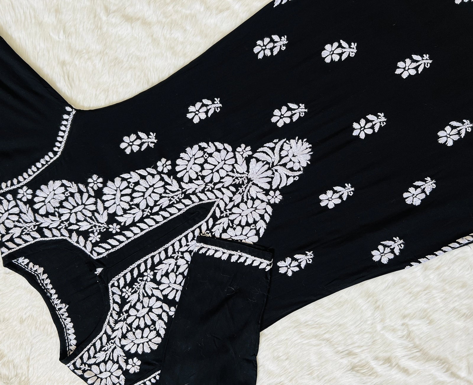 Zara Black Long Rayon Kurta with White Chikankari