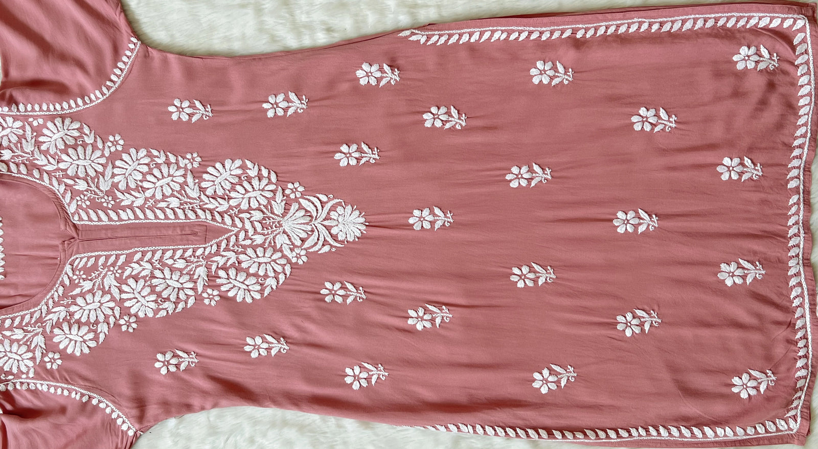 Zara Blush Pink Long Rayon Kurta with White Chikankari