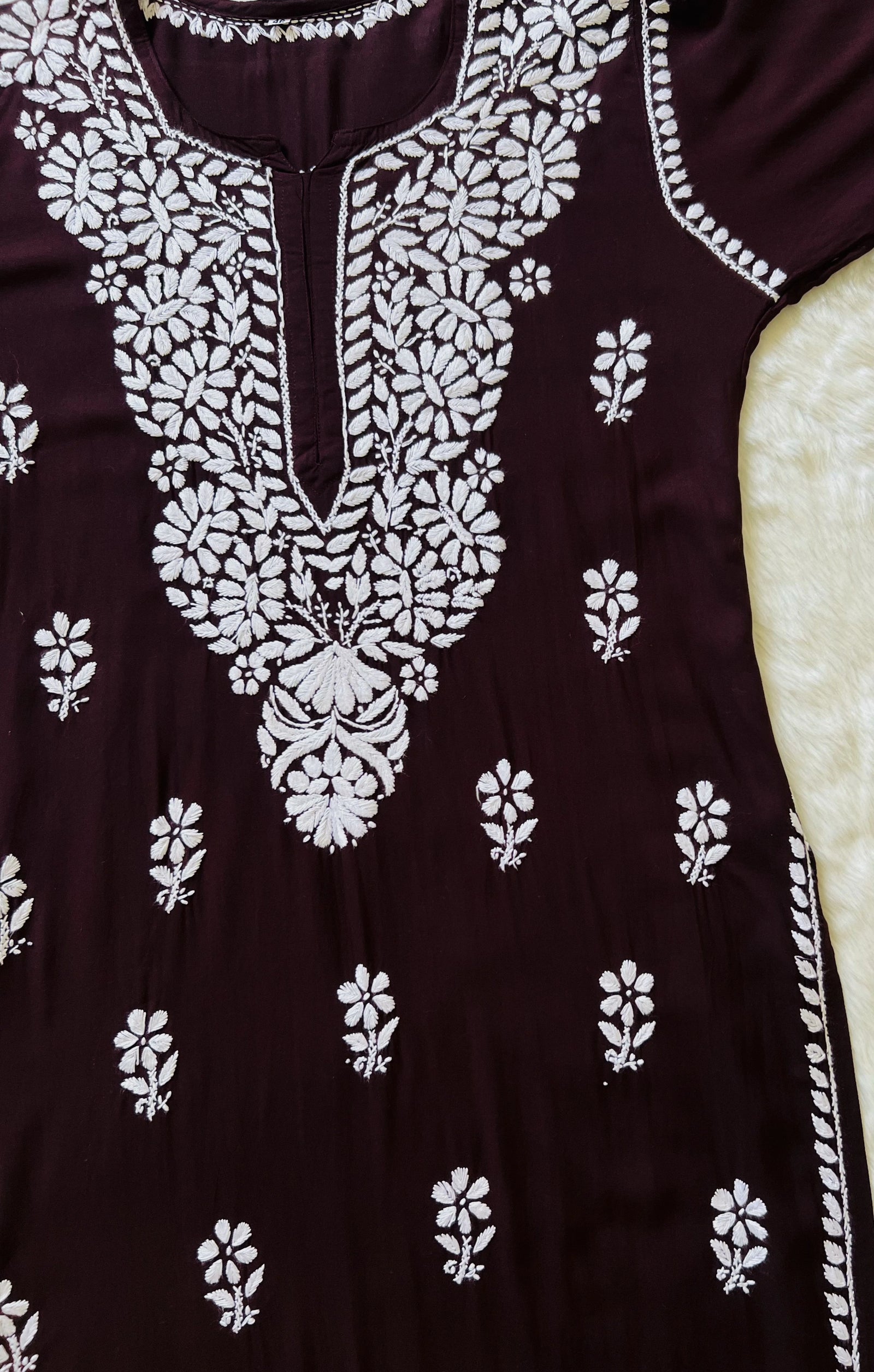 Zara Chocolate Brown Long Rayon Kurta with White Chikankari