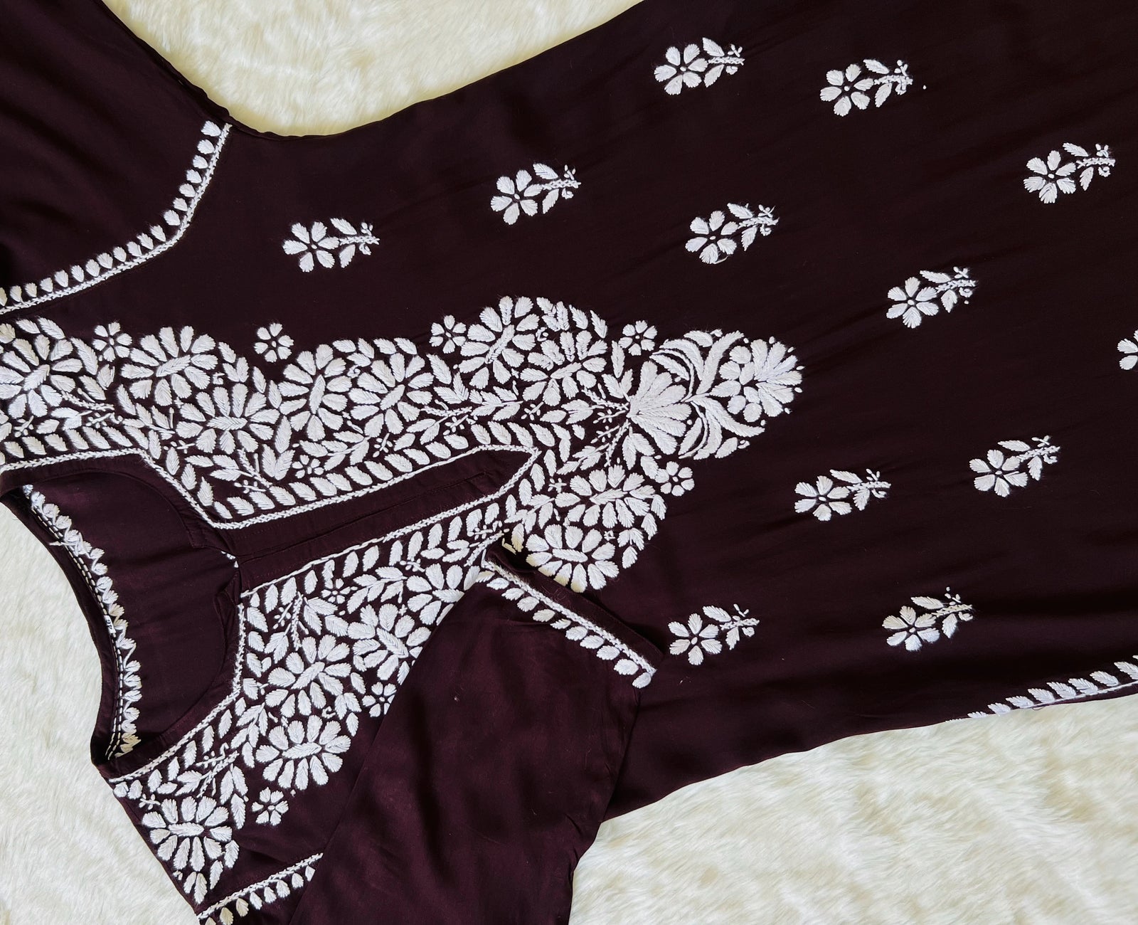 Zara Chocolate Brown Long Rayon Kurta with White Chikankari