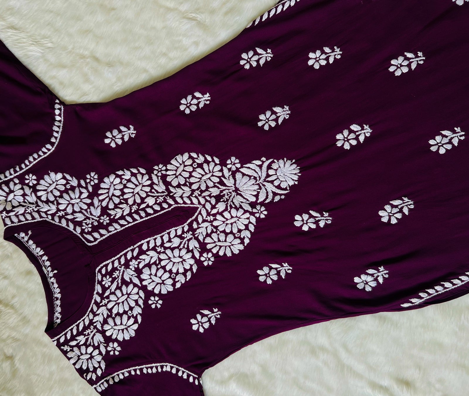 Zara Dark Purple Long Rayon Kurta with White Chikankari