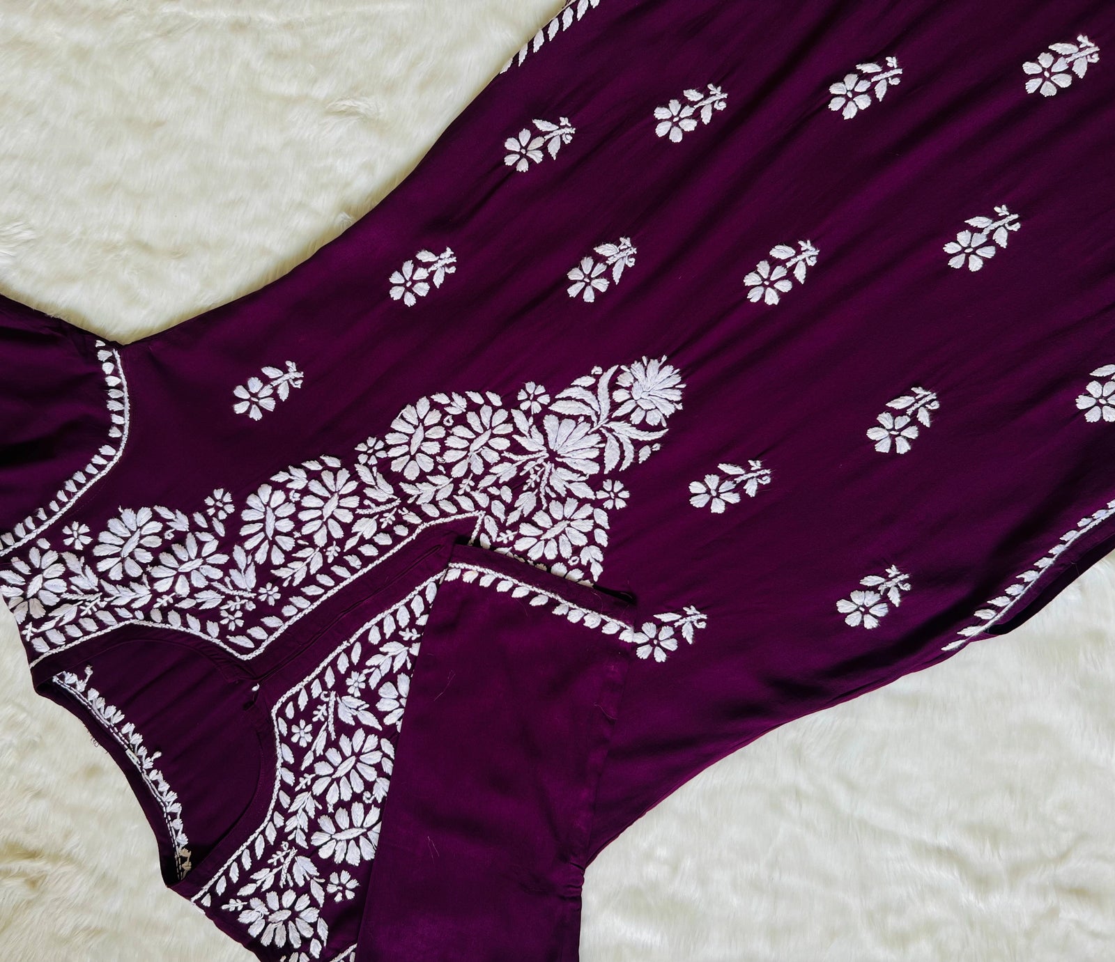 Zara Dark Purple Long Rayon Kurta with White Chikankari