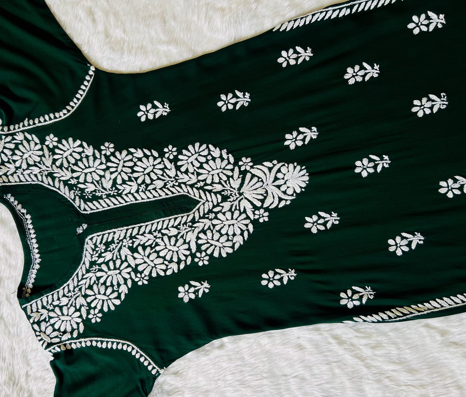 Zara Forest Green Long Rayon Kurta with White Chikankari