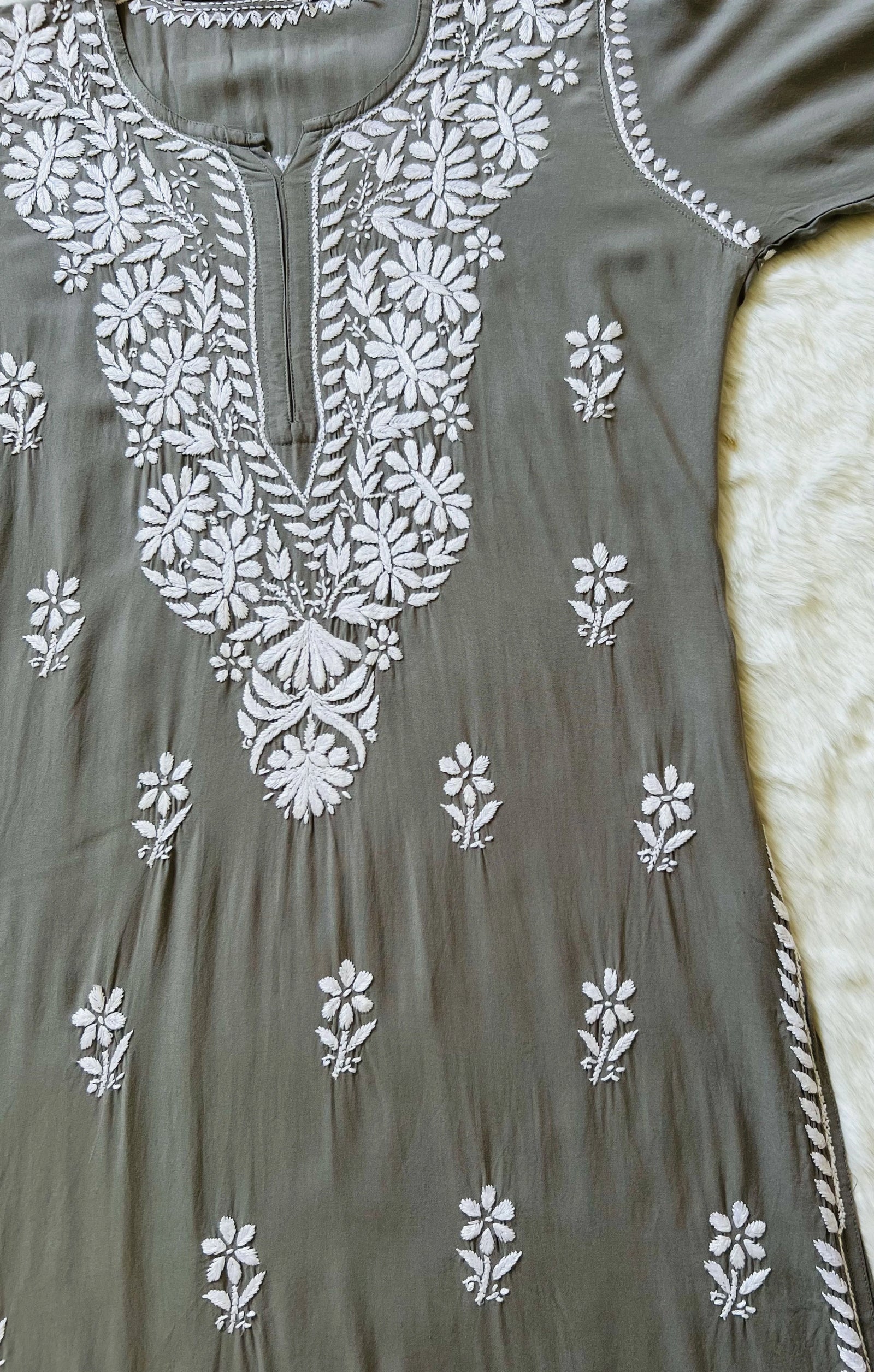 Zara Grey Long Rayon Kurta with White Chikankari