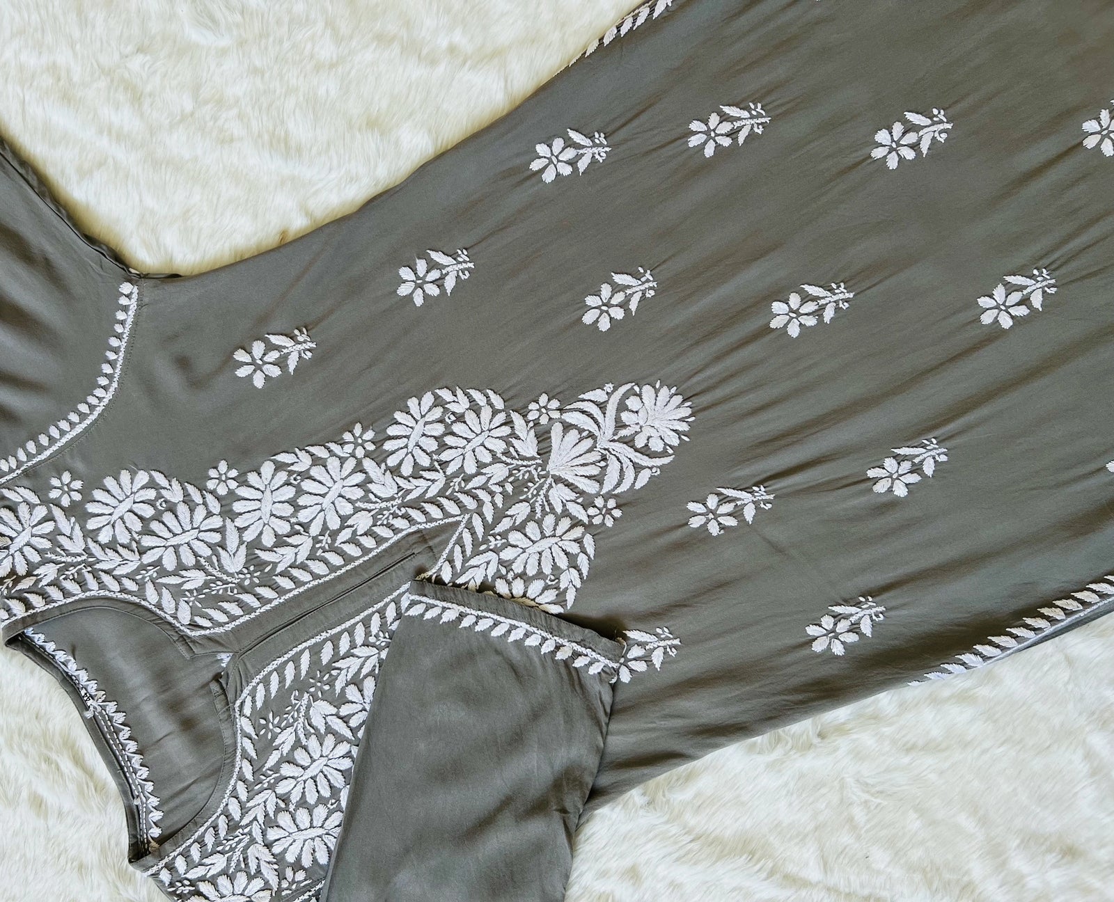 Zara Grey Long Rayon Kurta with White Chikankari