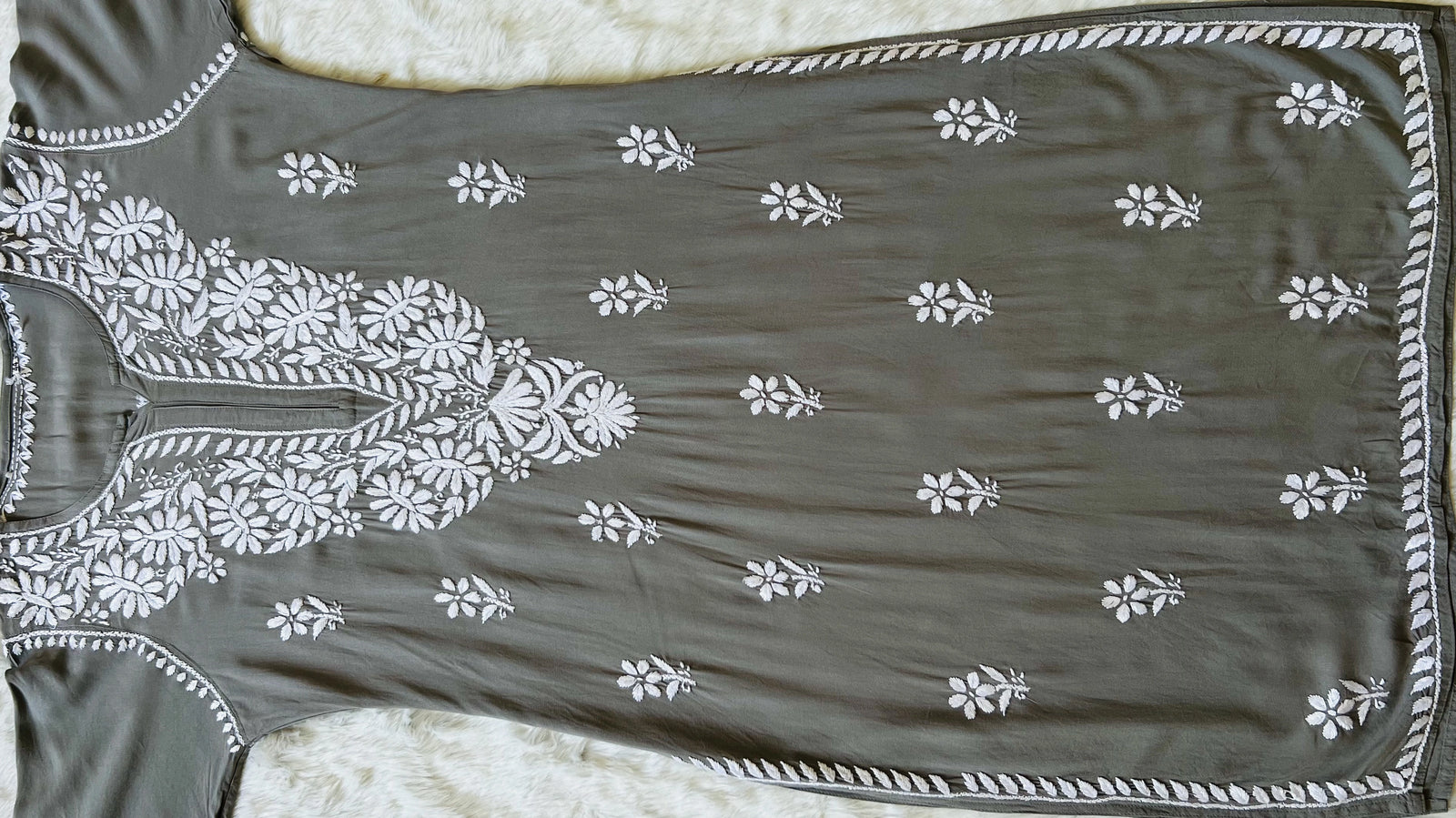 Zara Grey Long Rayon Kurta with White Chikankari