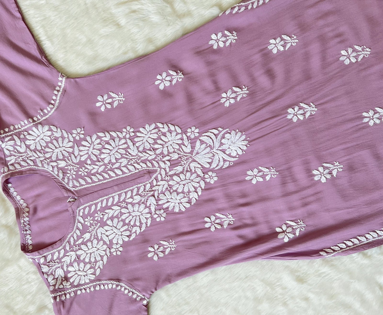 Zara Lilac Long Rayon Kurta with White Chikankari