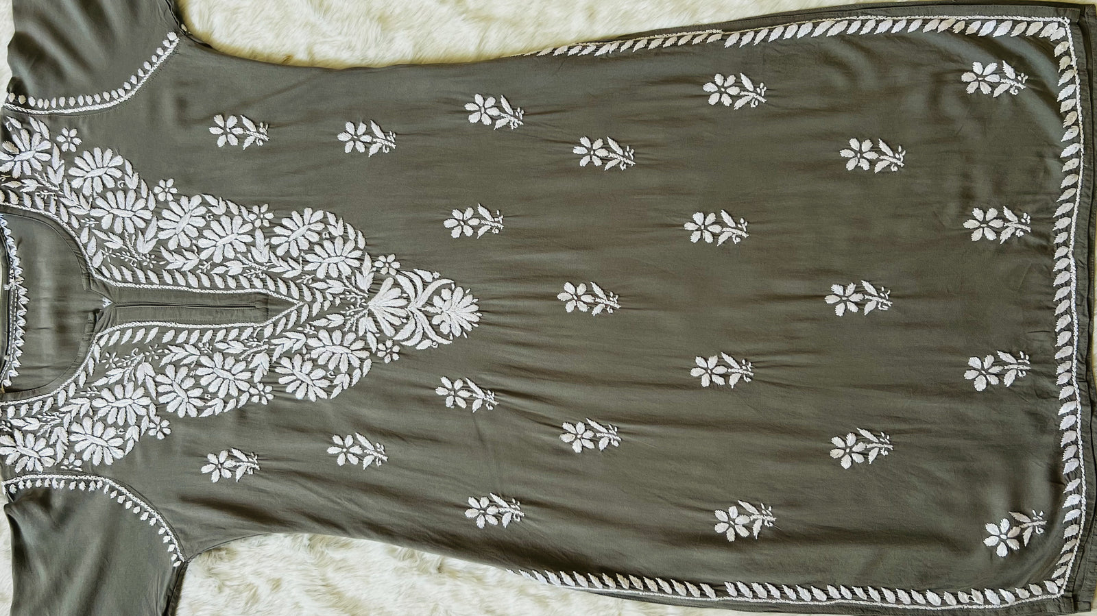 Zara Moss Green Long Rayon Kurta with White Chikankari