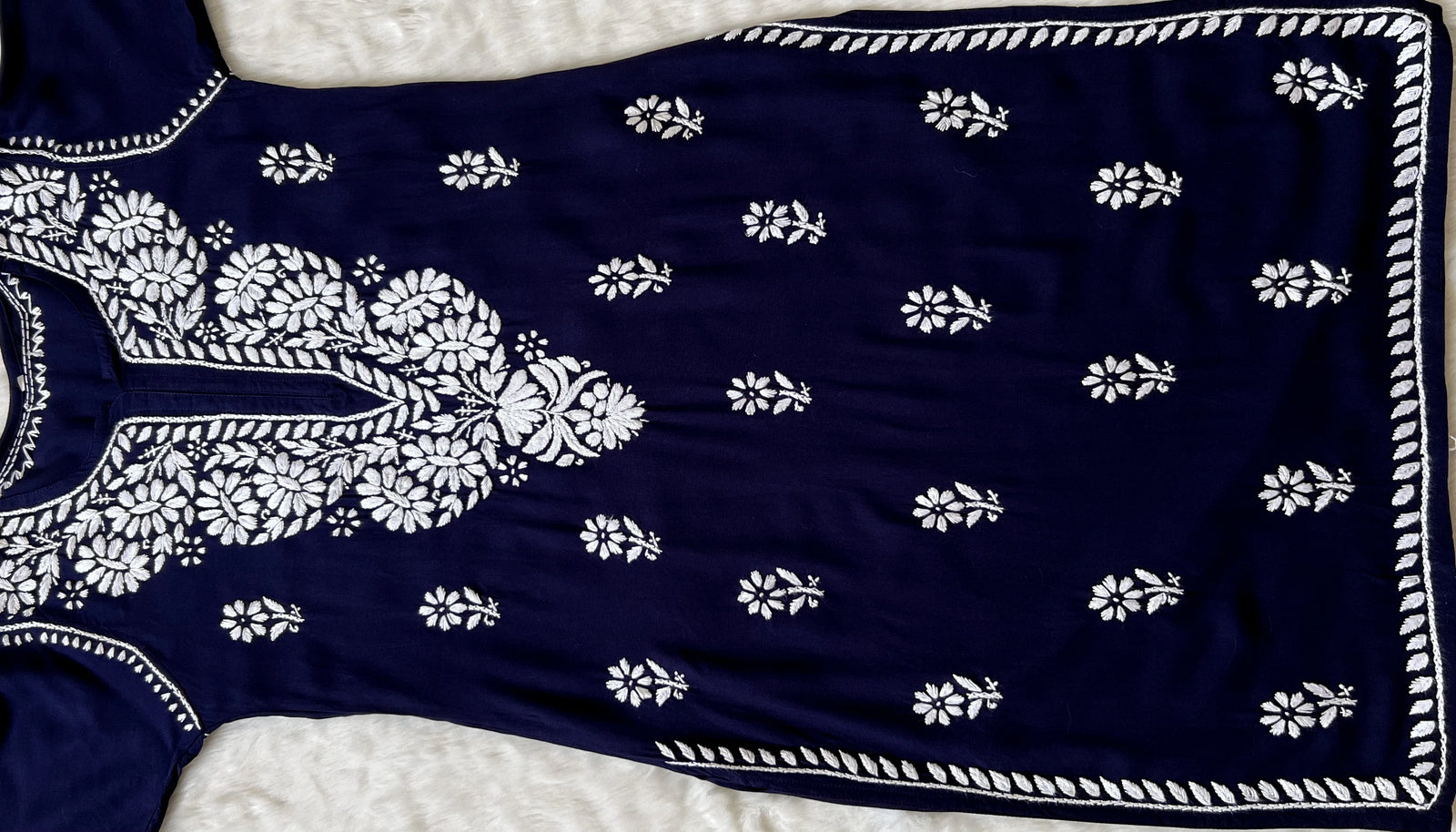 Zara Navy Blue Long Rayon Kurta with White Chikankari
