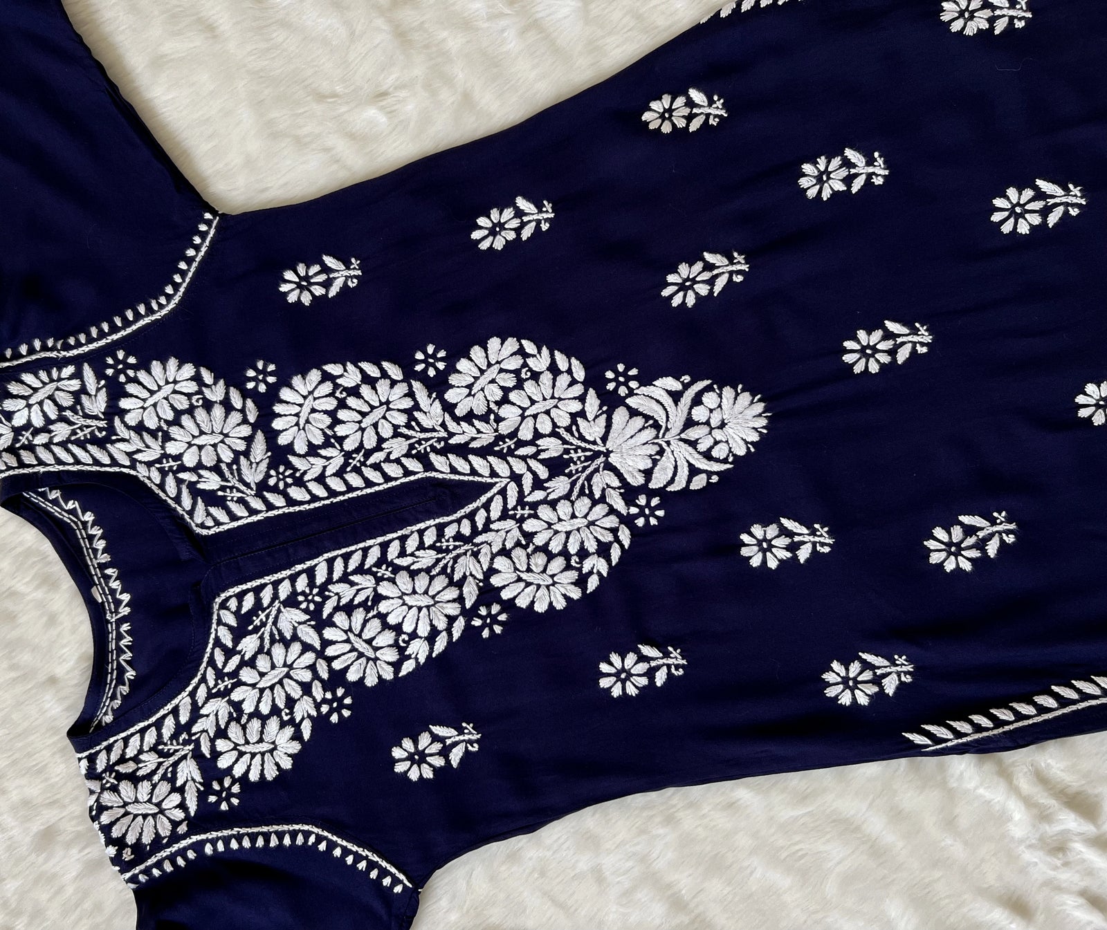 Zara Navy Blue Long Rayon Kurta with White Chikankari