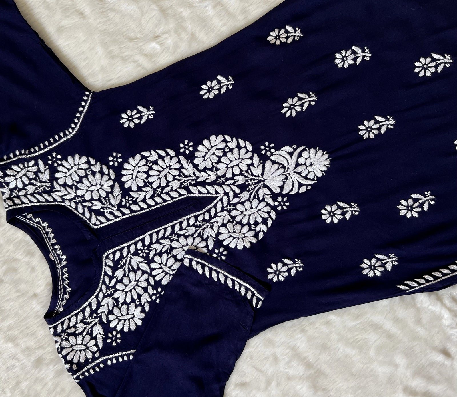 Zara Navy Blue Long Rayon Kurta with White Chikankari