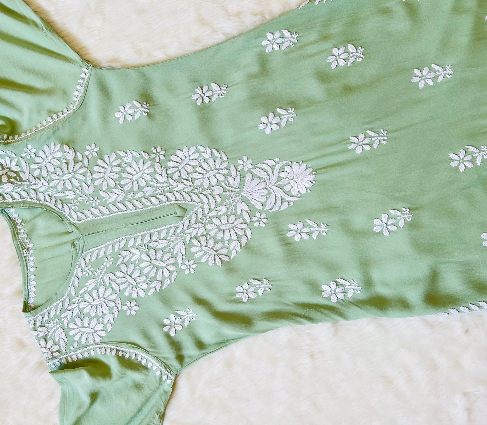 Zara Pastel Green Long Rayon Kurta with White Chikankari