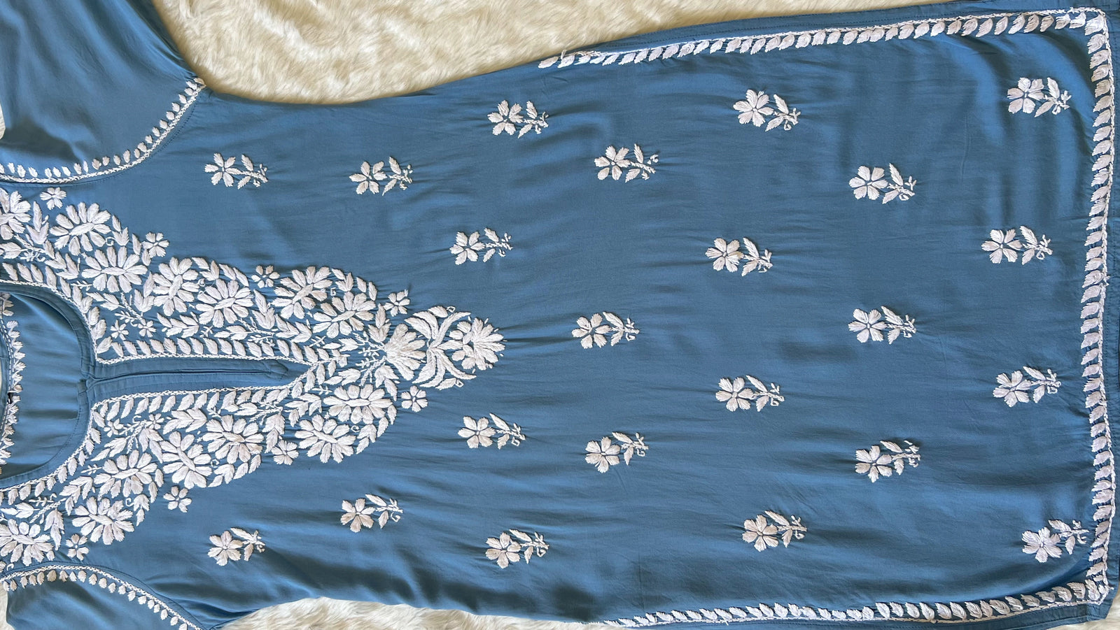 Zara Powder Blue Long Rayon Kurta with White Chikankari