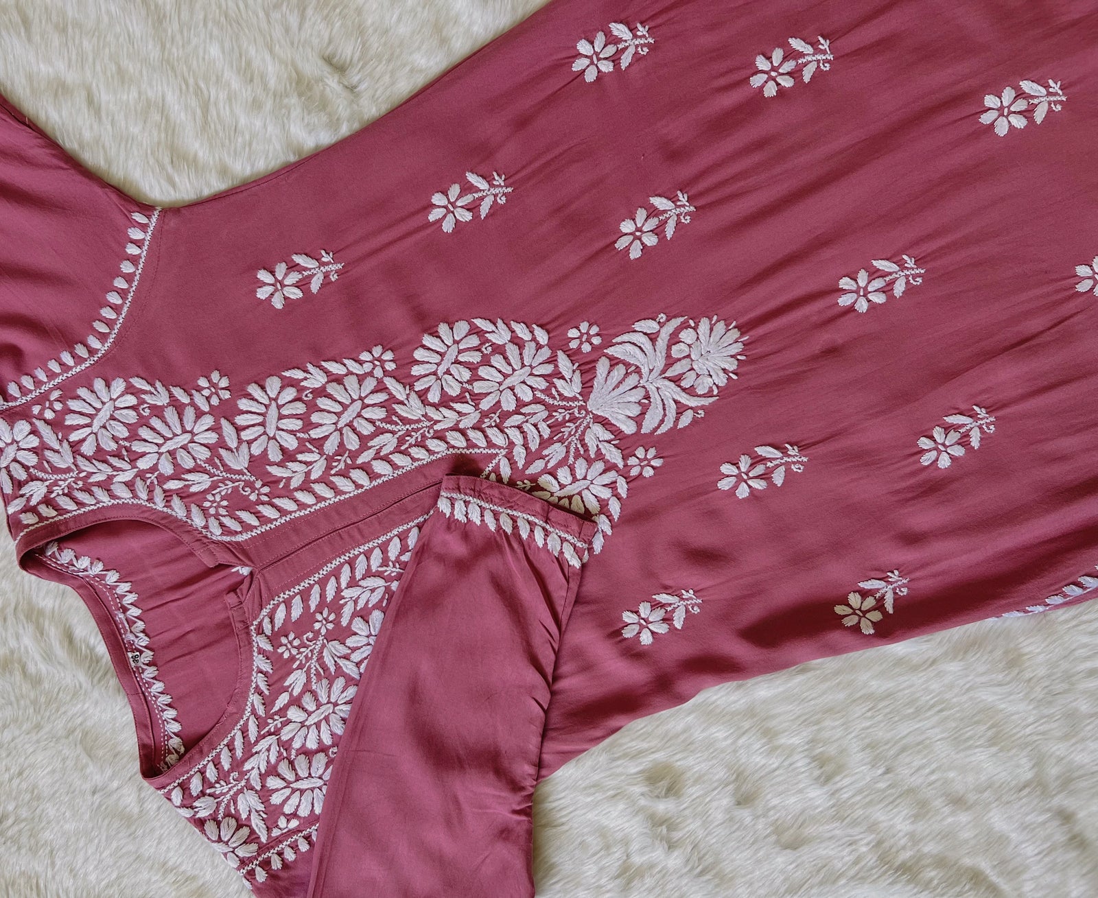 Zara Rose Pink Long Rayon Kurta with White Chikankari