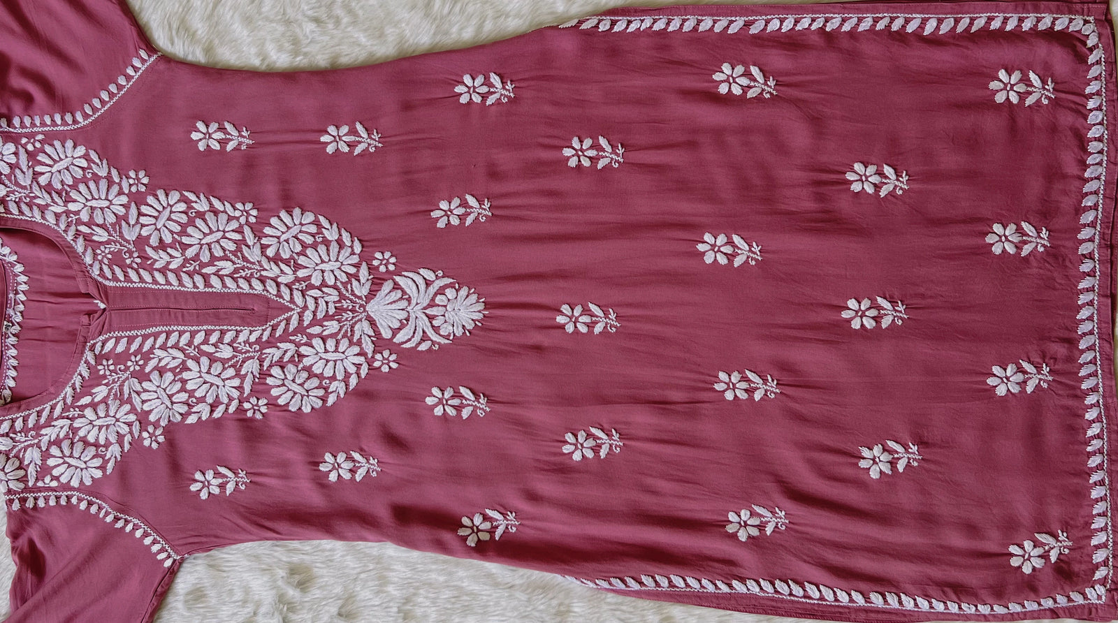 Zara Rose Pink Long Rayon Kurta with White Chikankari