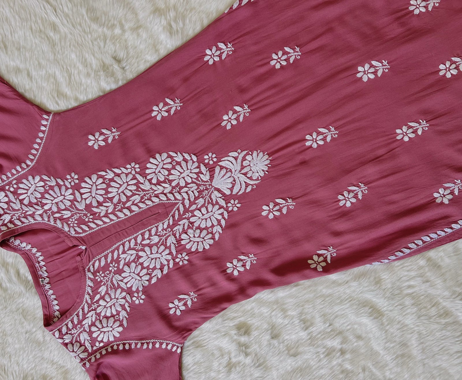 Zara Rose Pink Long Rayon Kurta with White Chikankari