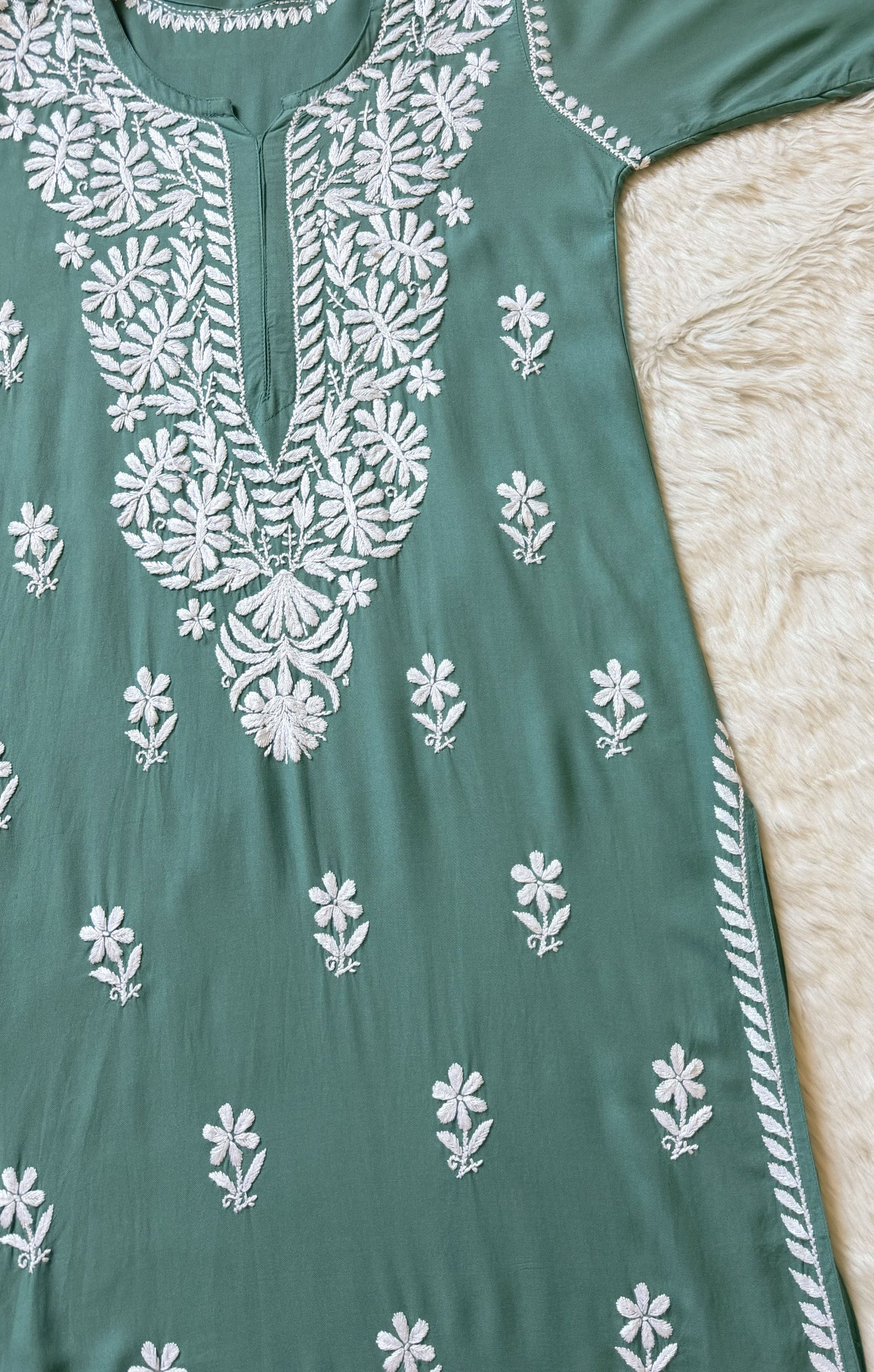 Zara Sage Green Long Rayon Kurta with White Chikankari