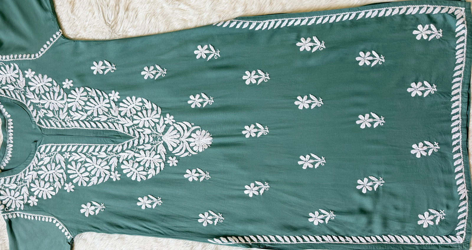 Zara Sage Green Long Rayon Kurta with White Chikankari