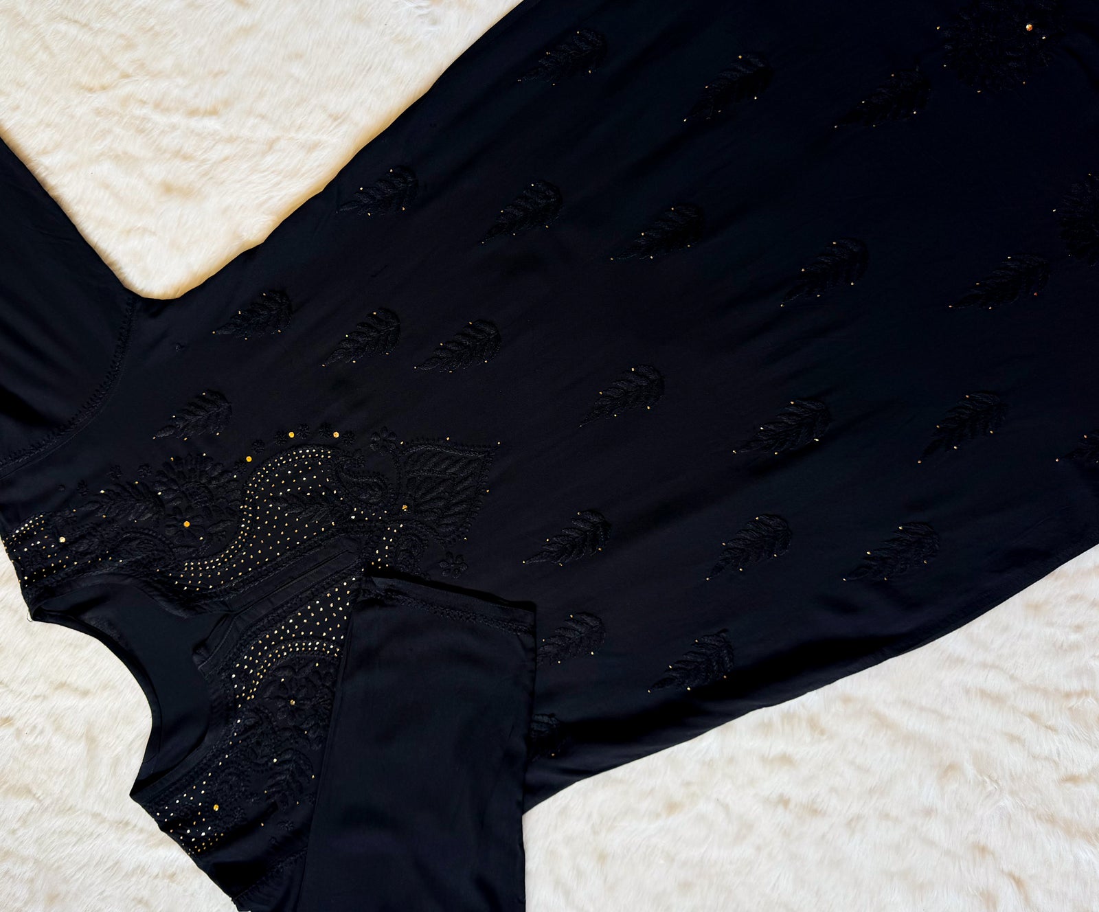 Ziya Black Chikankari Rayon Mukesh Kurta Bottom Set