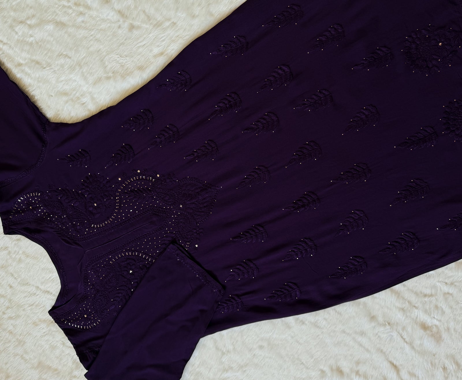 Ziya Dark Purple Chikankari Rayon Mukesh Kurta Bottom Set