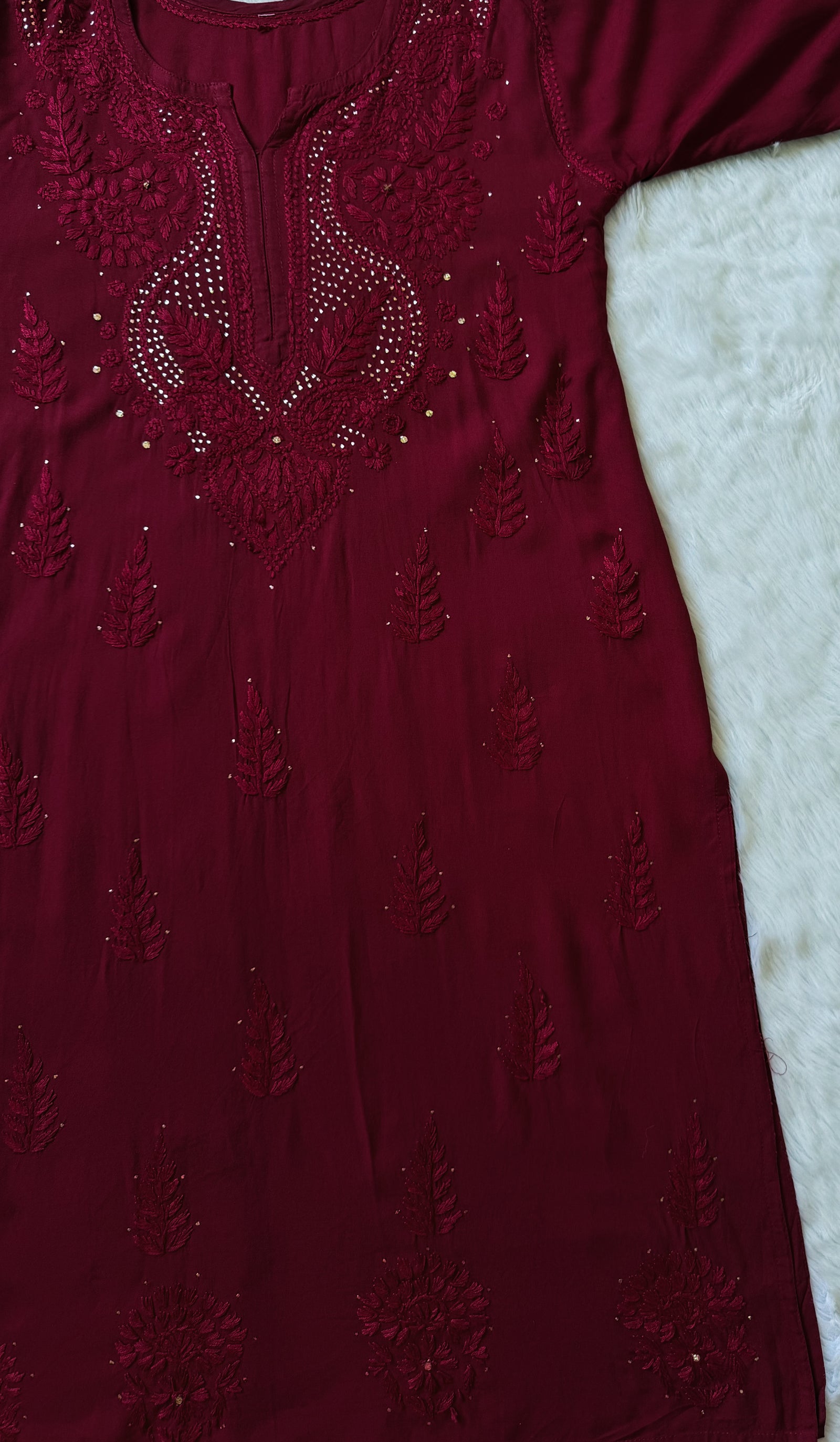 Ziya Maroon Chikankari Rayon Mukesh Kurta Bottom Set