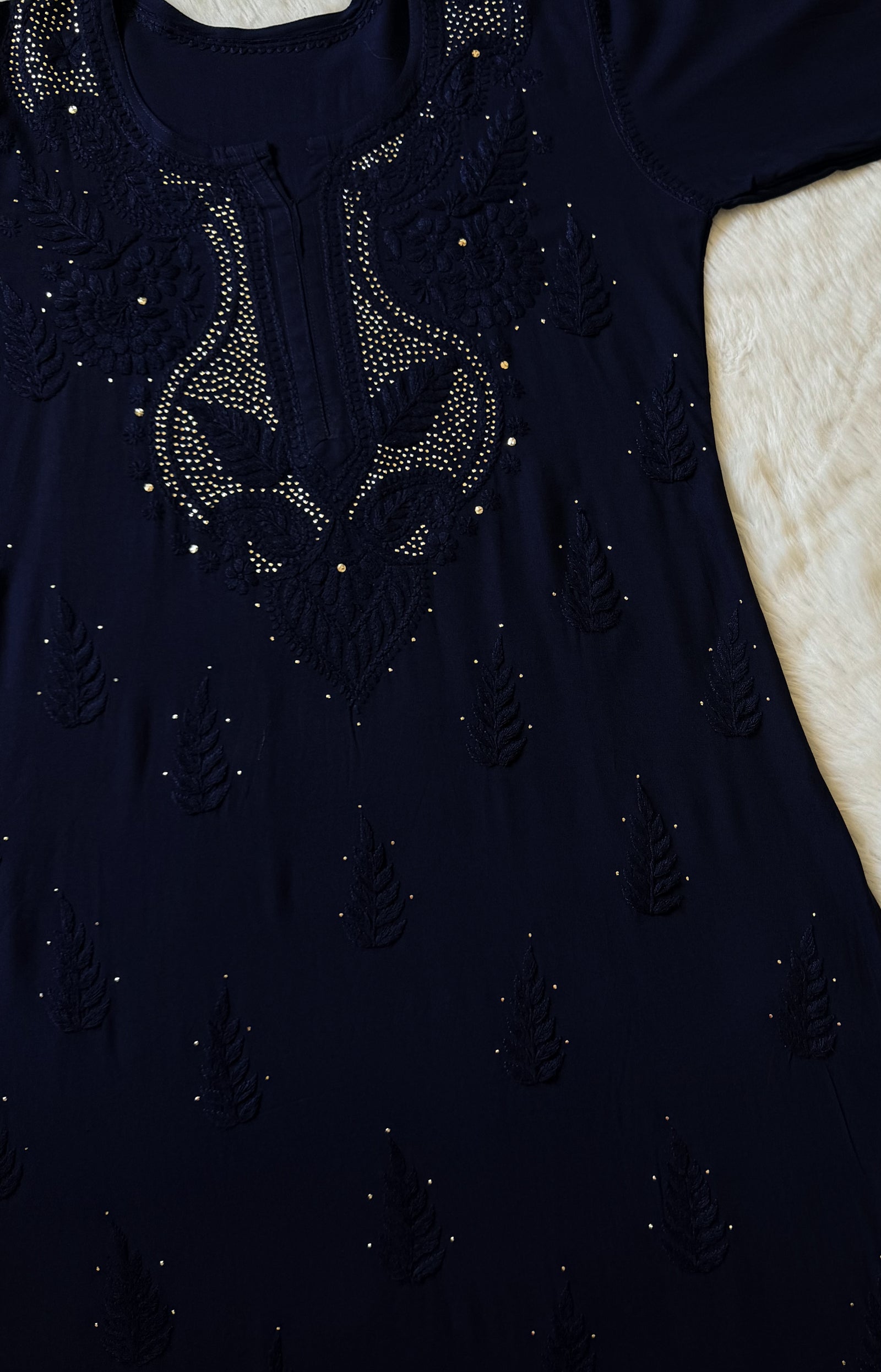 Ziya Navy Blue Chikankari Rayon Mukesh Kurta Bottom Set