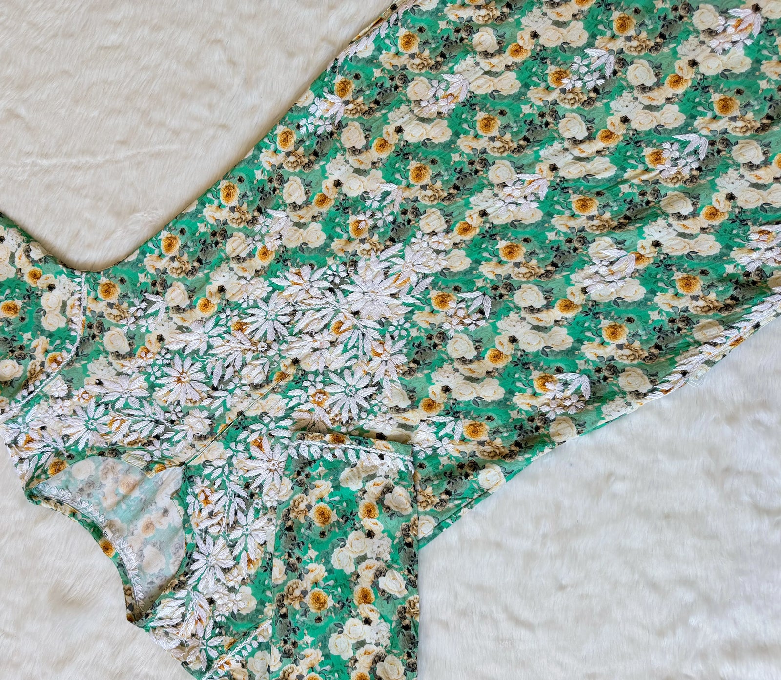 Zuby Green Printed Long Rayon Kurta with White Chikankari