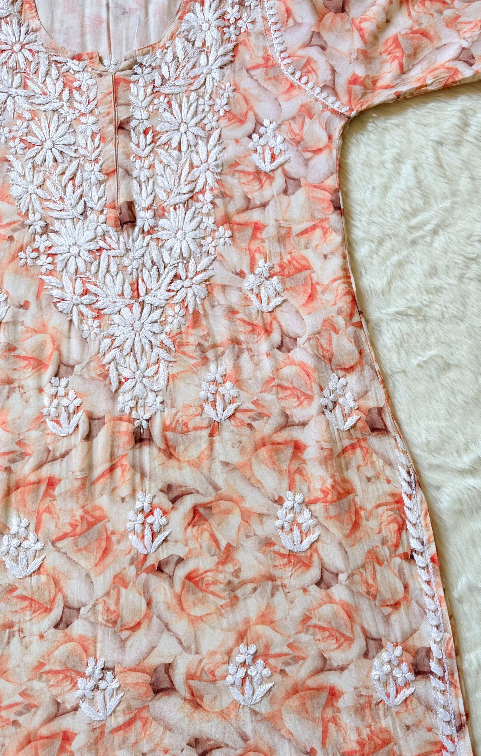 Zuby Light Peach Printed Long Rayon Kurta with White Chikankari