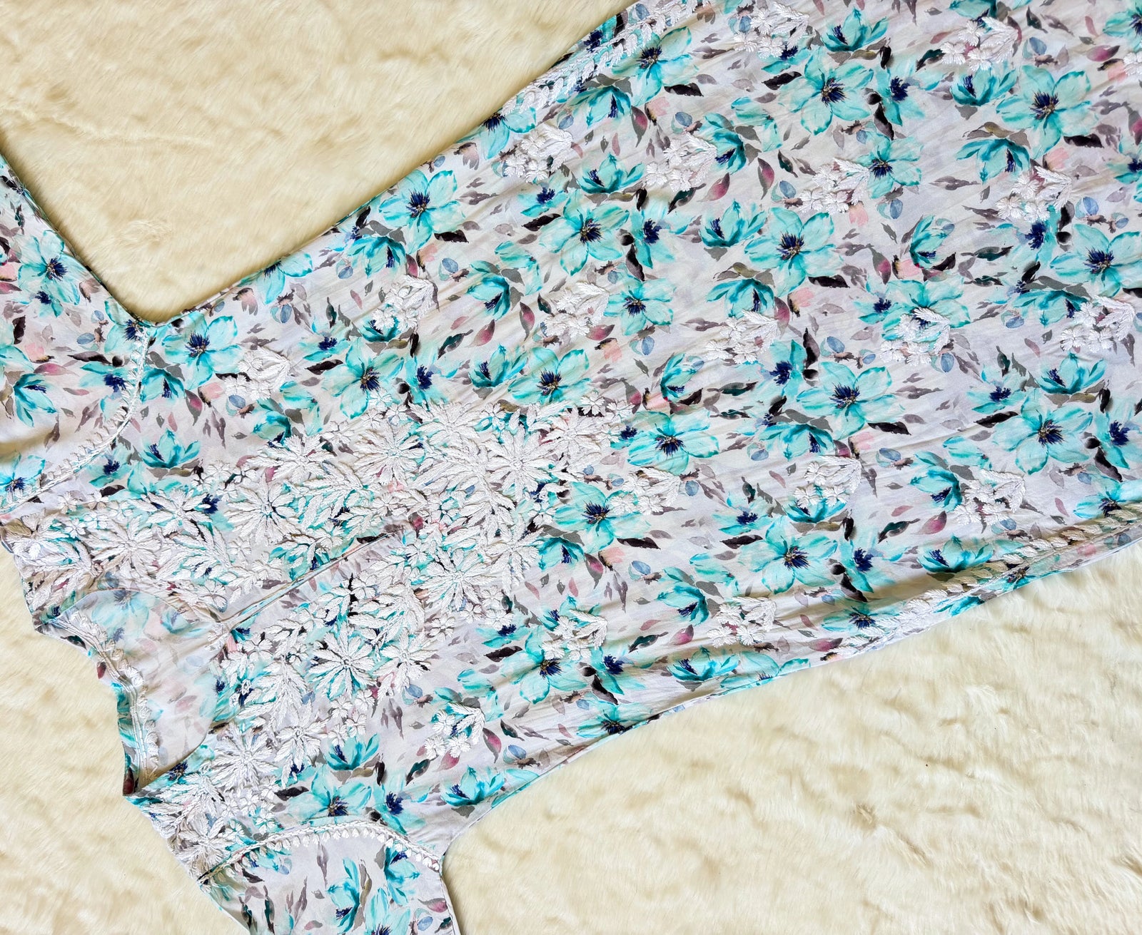 Zuby Mint Green Printed Long Rayon Kurta with White Chikankari