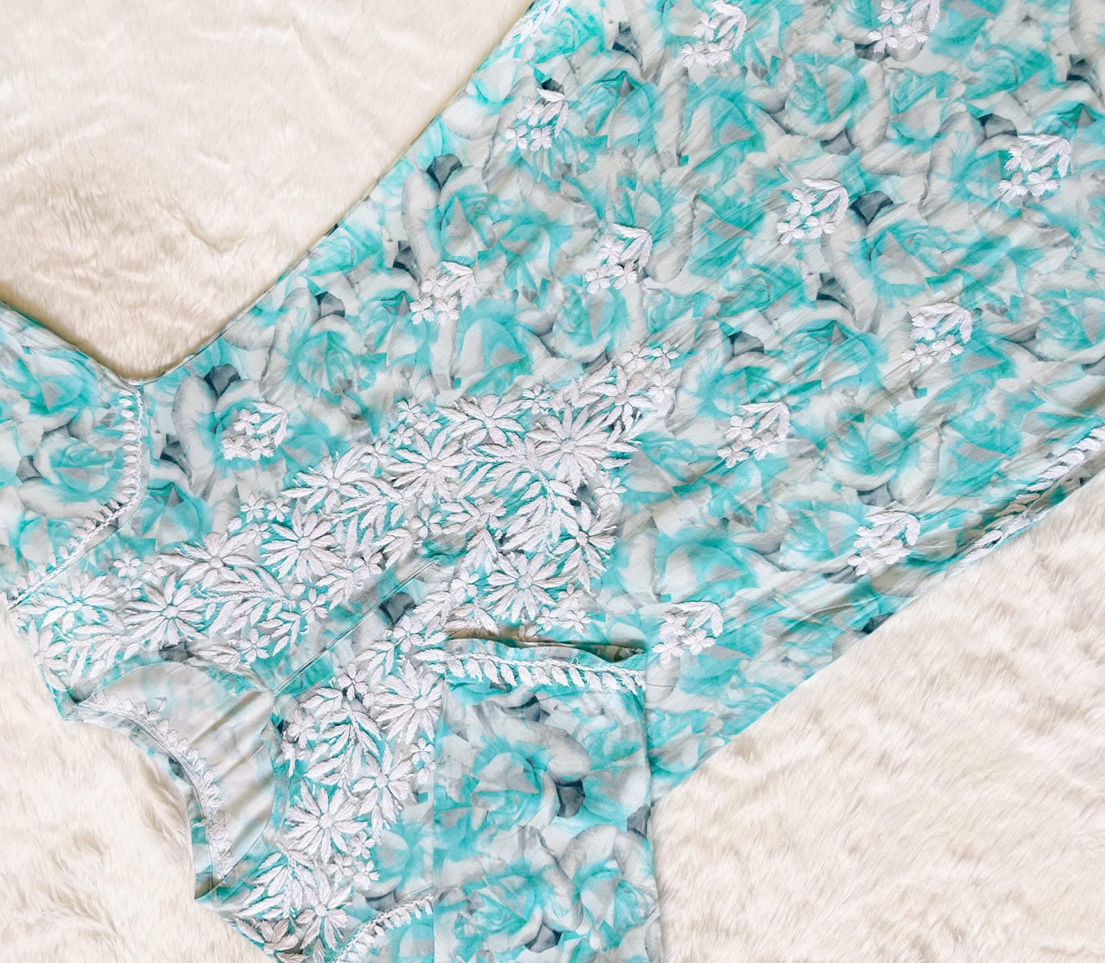 Zuby Mint Blue Printed Long Rayon Kurta with White Chikankari