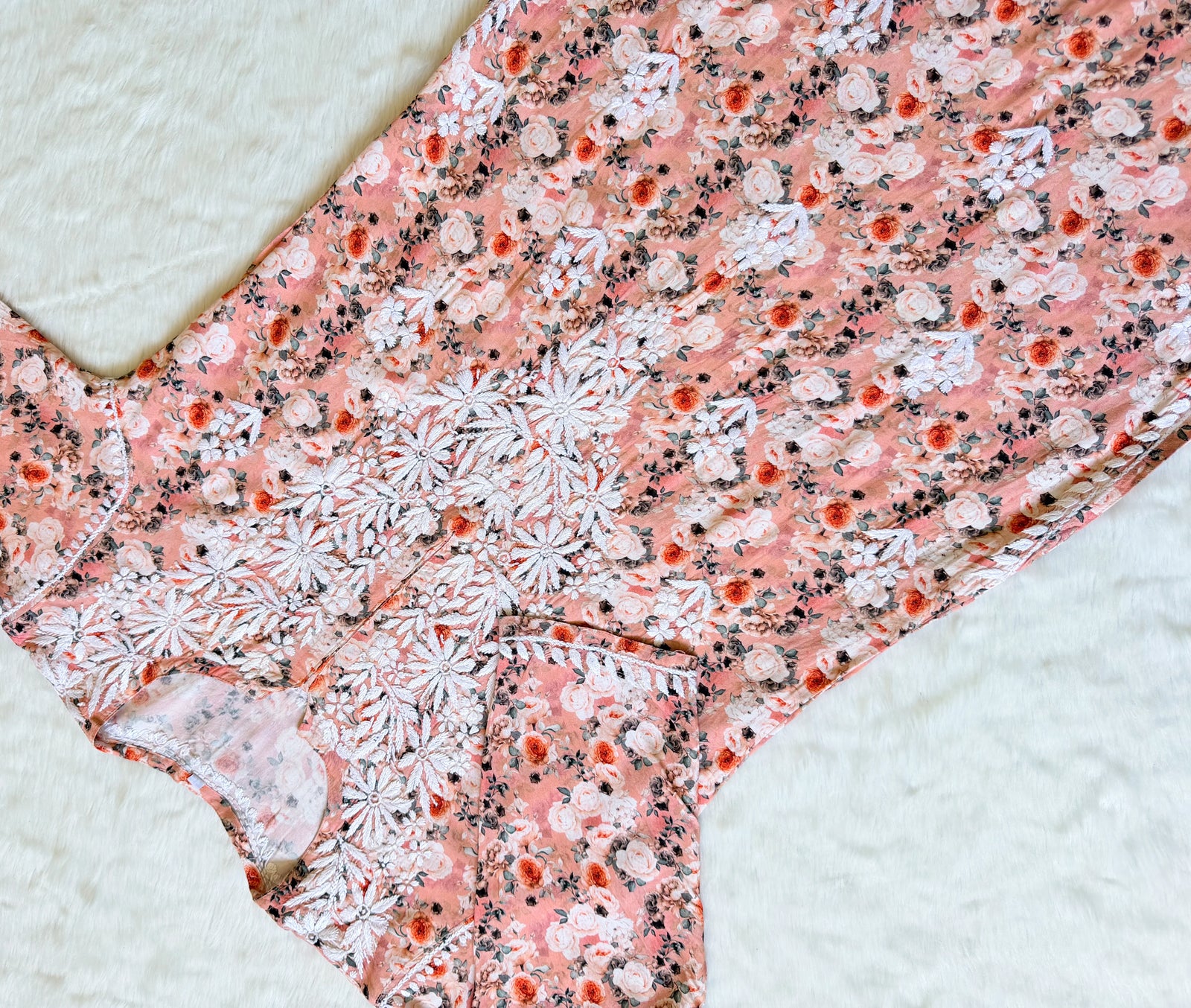 Zuby Peach Printed Long Rayon Kurta with White Chikankari