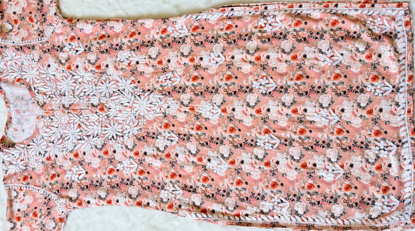 Zuby Peach Printed Long Rayon Kurta with White Chikankari