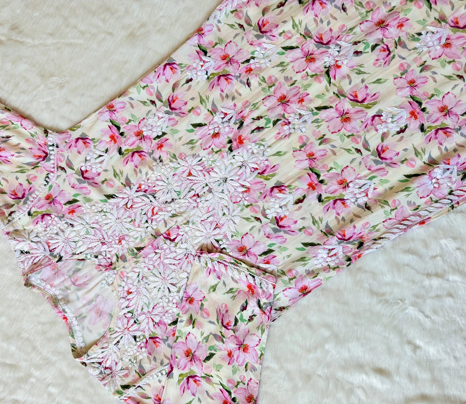 Zuby Pink Printed Long Rayon Kurta with White Chikankari