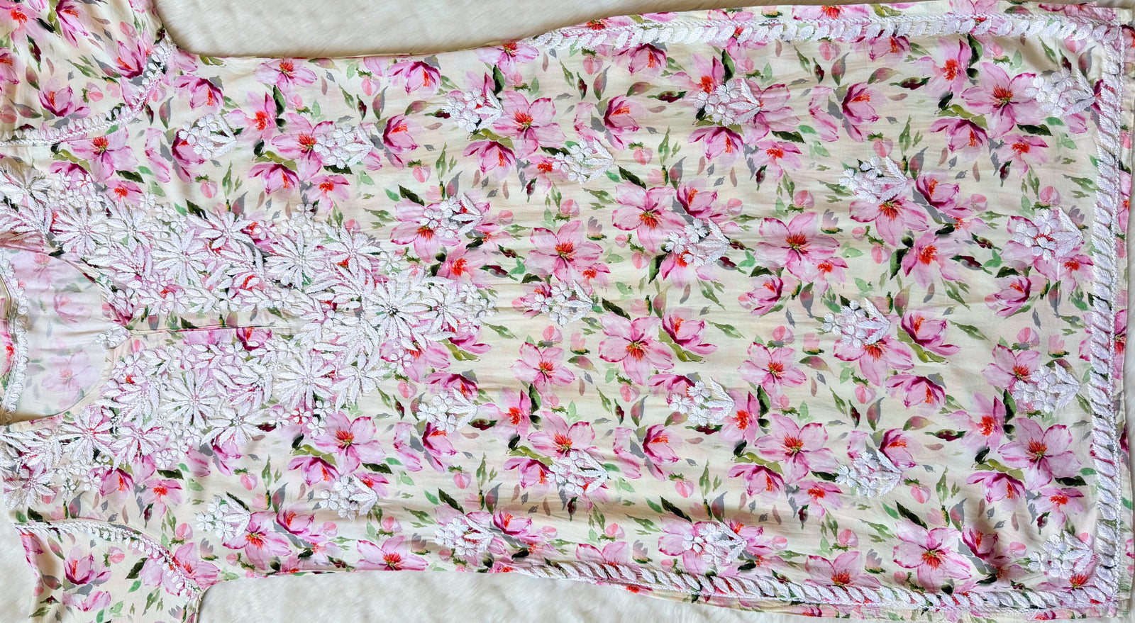 Zuby Pink Printed Long Rayon Kurta with White Chikankari