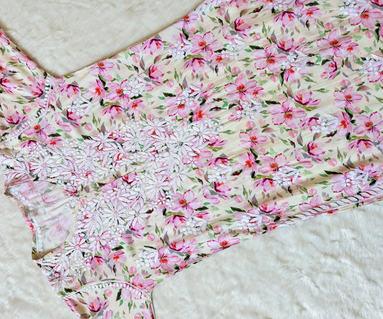 Zuby Pink Printed Long Rayon Kurta with White Chikankari