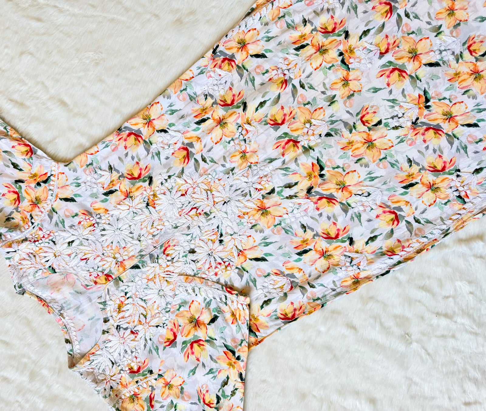 Zuby Yellow Printed Long Rayon Kurta with White Chikankari