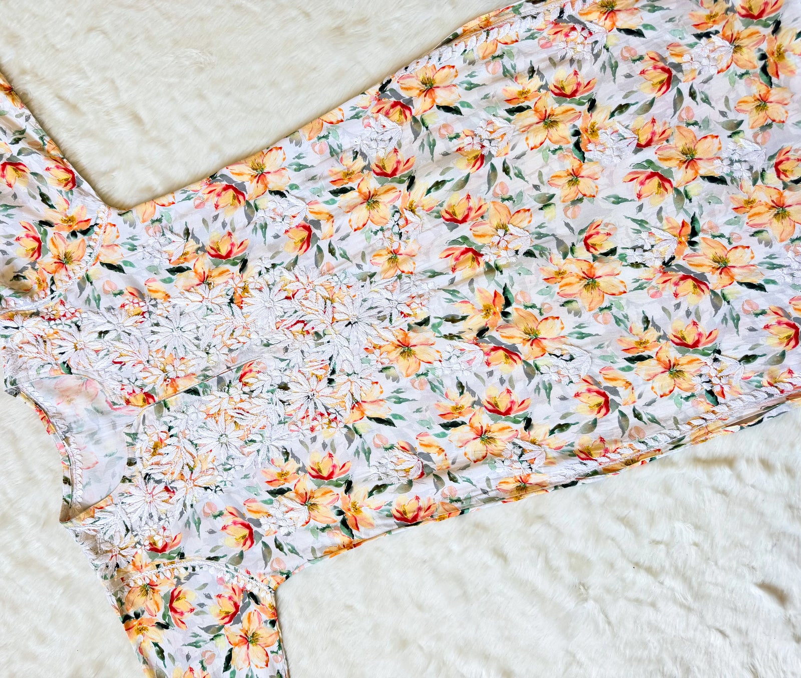 Zuby Yellow Printed Long Rayon Kurta with White Chikankari