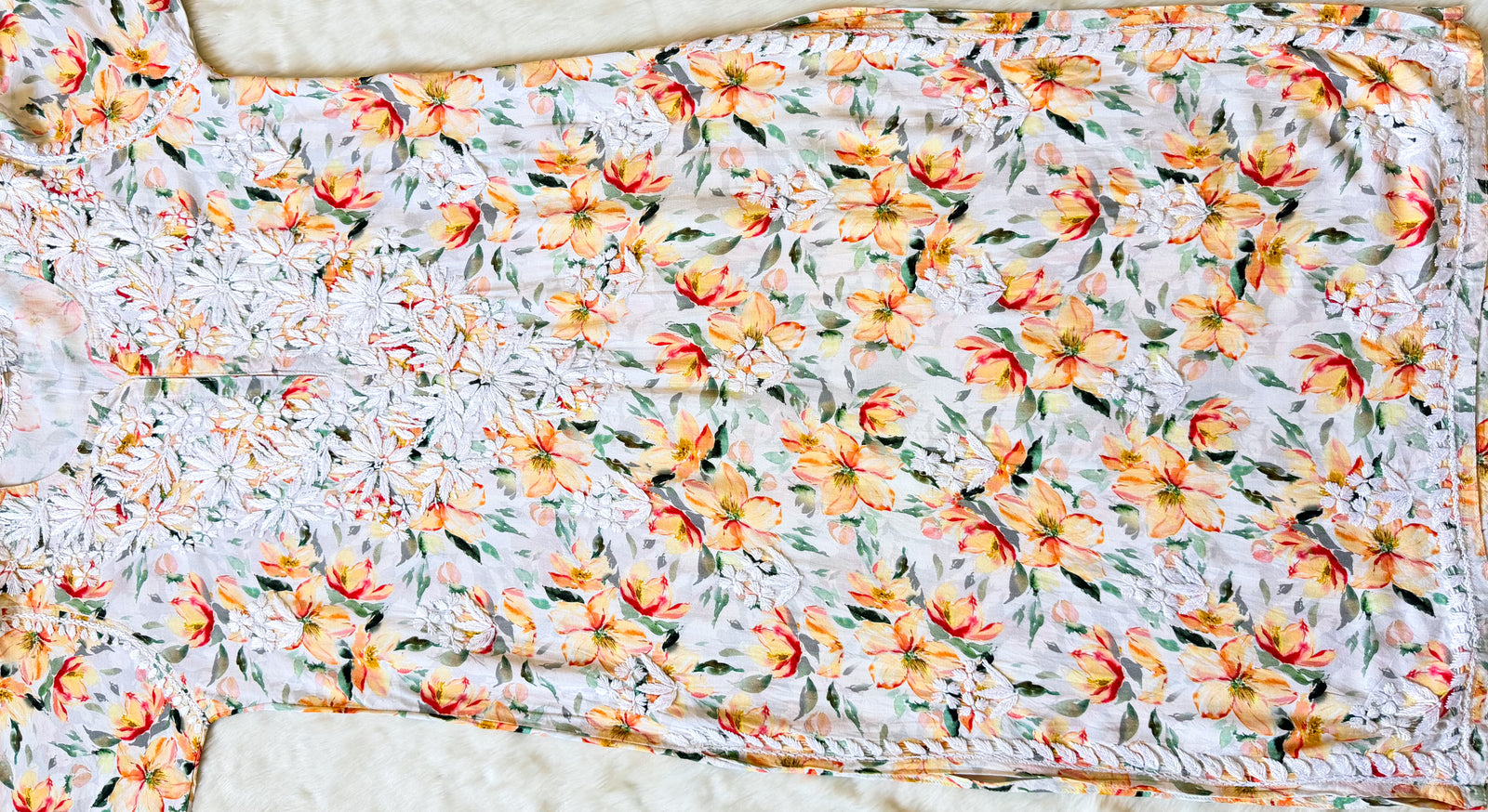 Zuby Yellow Printed Long Rayon Kurta with White Chikankari