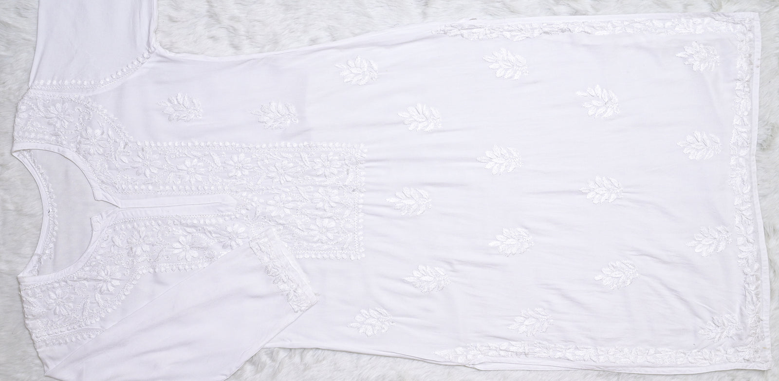 White Long Rayon Kurta with Self Chikankari