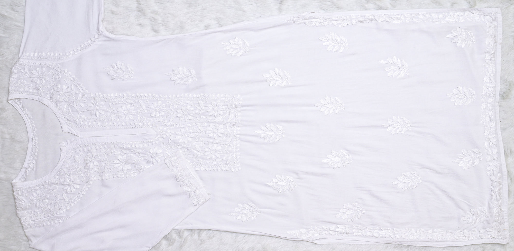 White Long Rayon Kurta with Self Chikankari