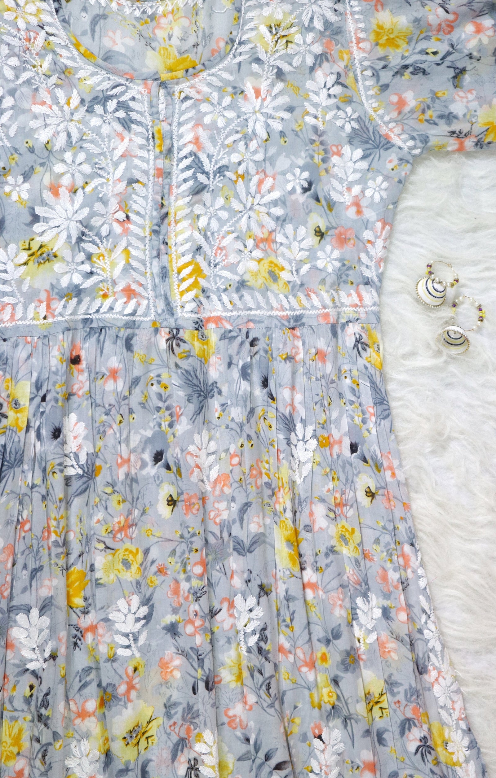 Grey & Yellow Floral Nyra Cut Dress 