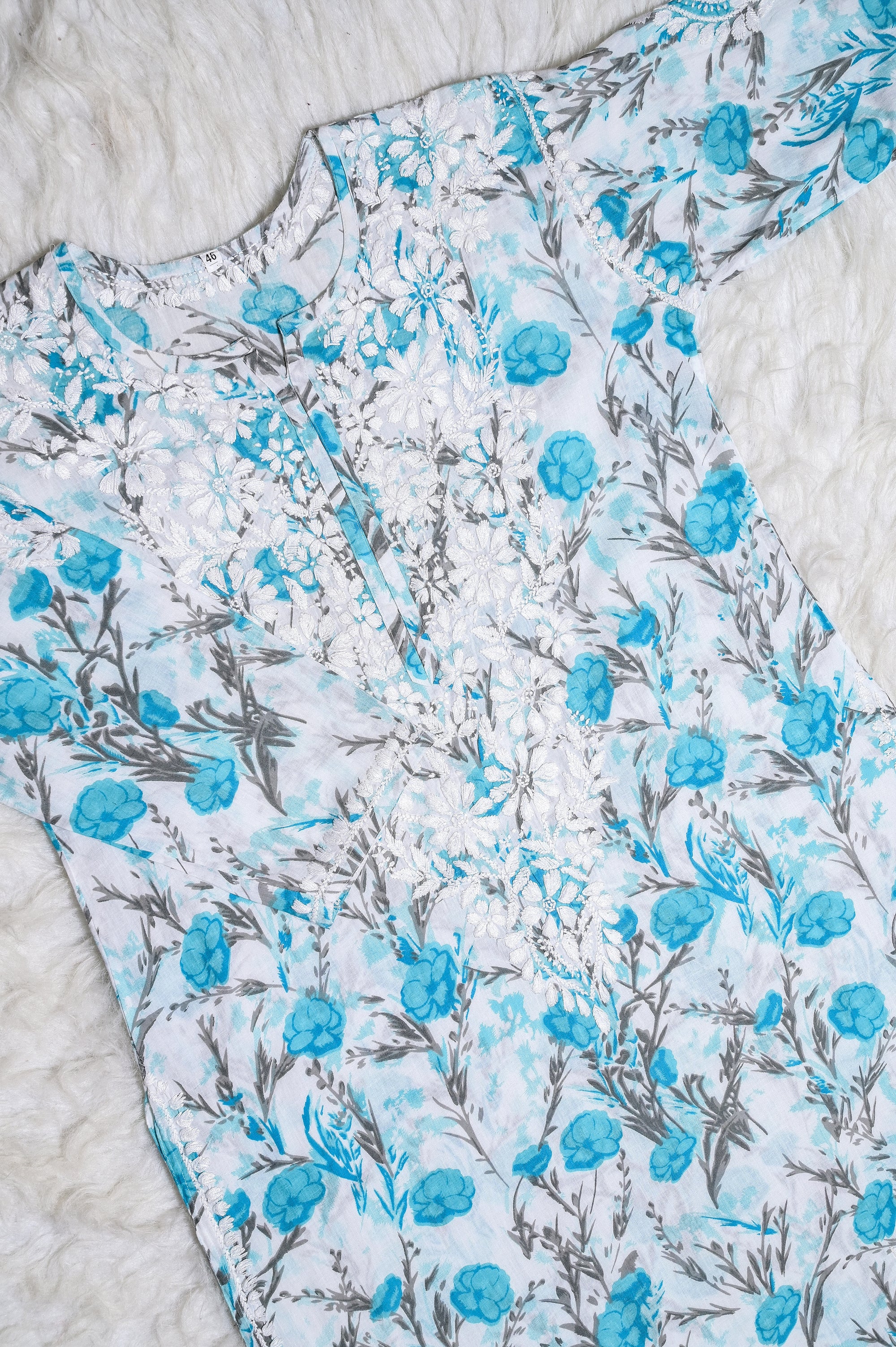 Sky Blue Floral MulMul Chikankari Kurta