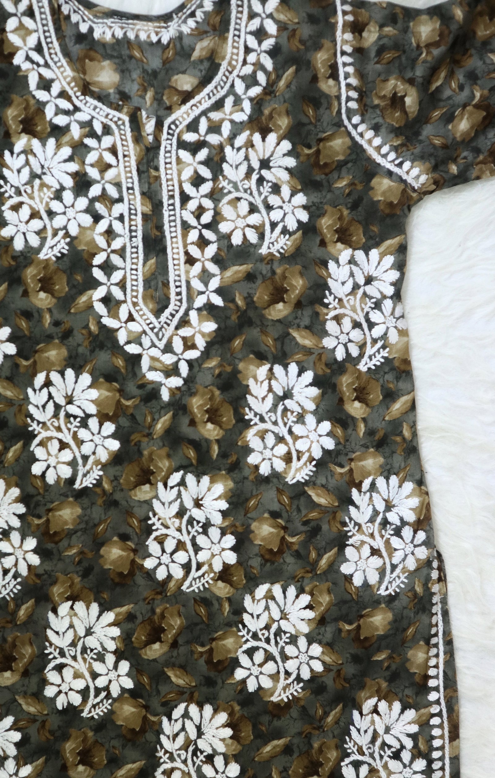 Dark Grey Printed Chikankari Kurta