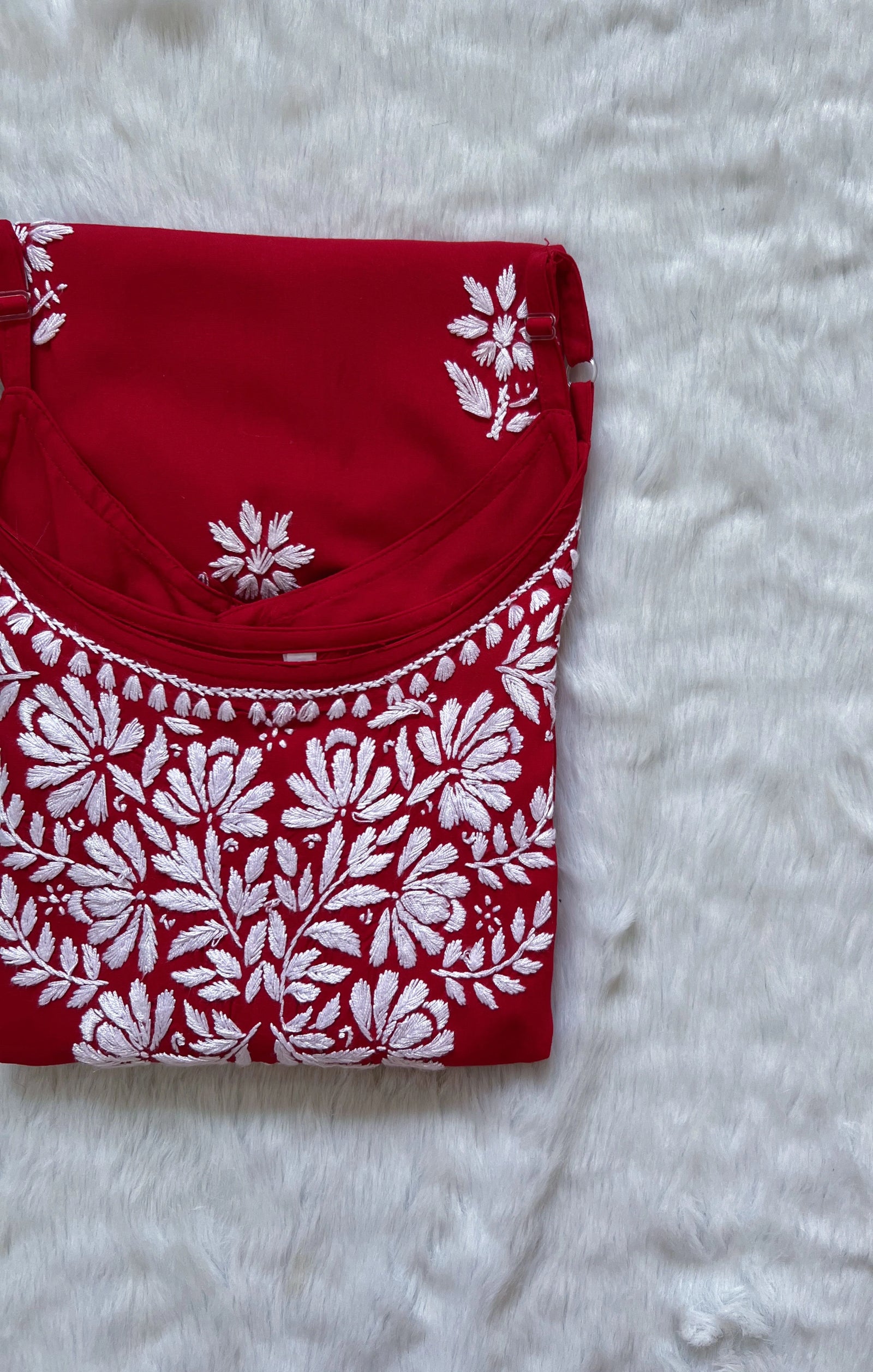 Rida Red Sleeveless Rayon Chikankari Kurta