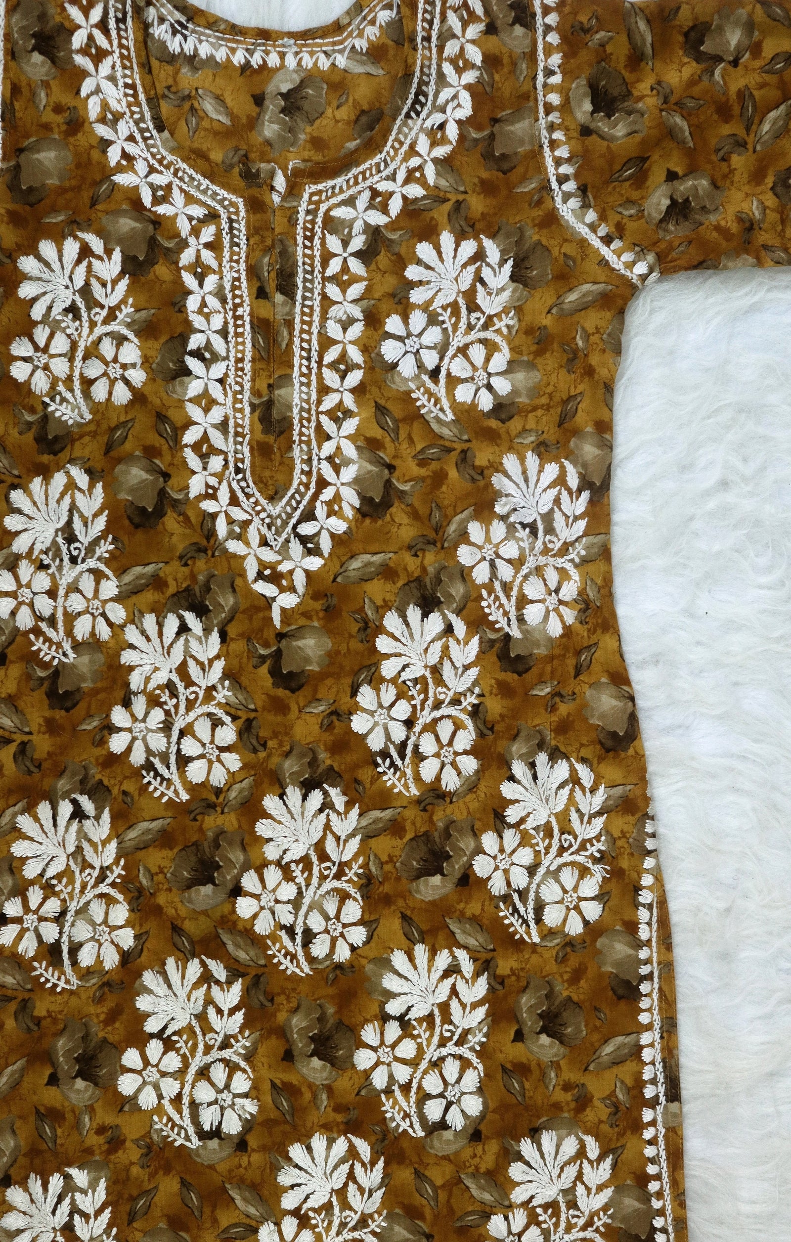 Mustard Yellow Printed Chikankari Kurta